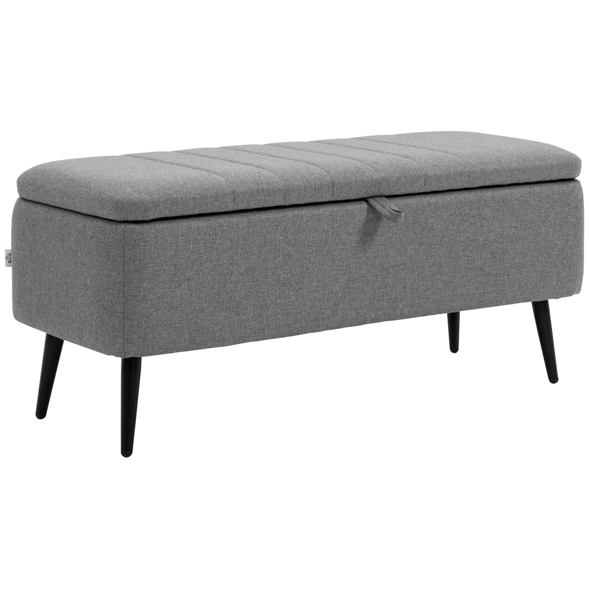 HOMCOM Storage Ottoman with Flip Top, Rectangular Upholstered Bench, Linen Fabric Footstool with Steel Legs for Living Room, Bedroom, Grey | Aosom UK