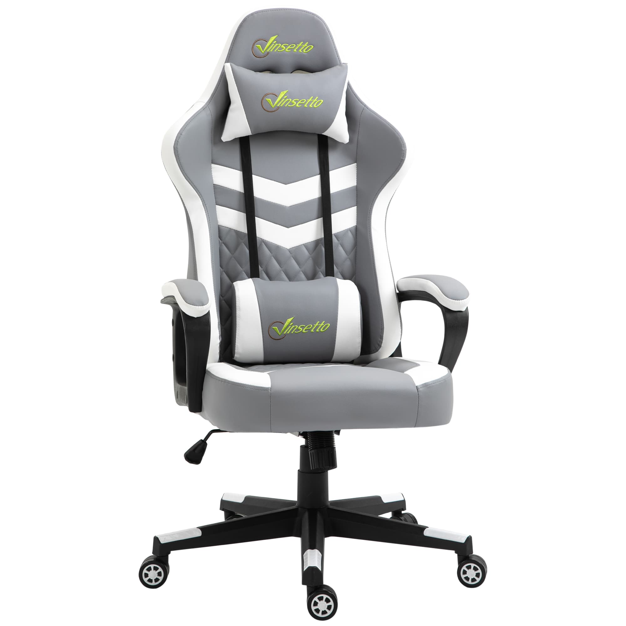 Vinsetto Ergonomic Gaming Chair with Lumbar Support, Adjustable Headrest and Swivel Wheels, PVC Leather, Cat Scratch Anti, Grey/White | Aosom UK