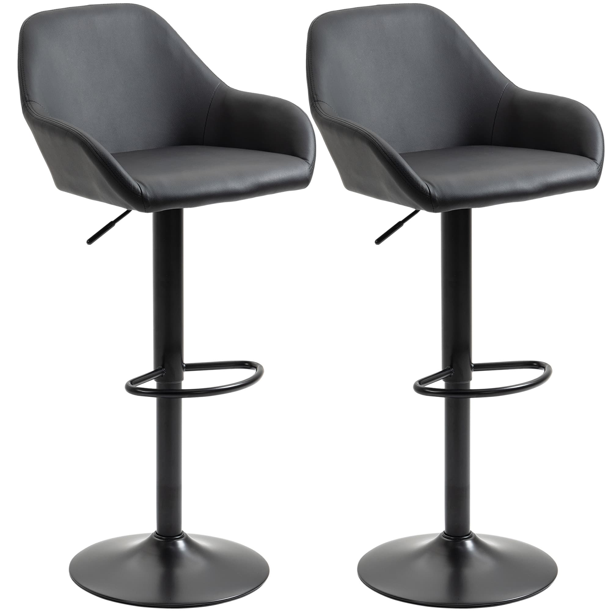 HOMCOM Bar Stools Set of 2, Height Adjustable Swivel Barstools, PU Leather Kitchen Stools with Backs, Armrests and Footrest, Black | Aosom UK