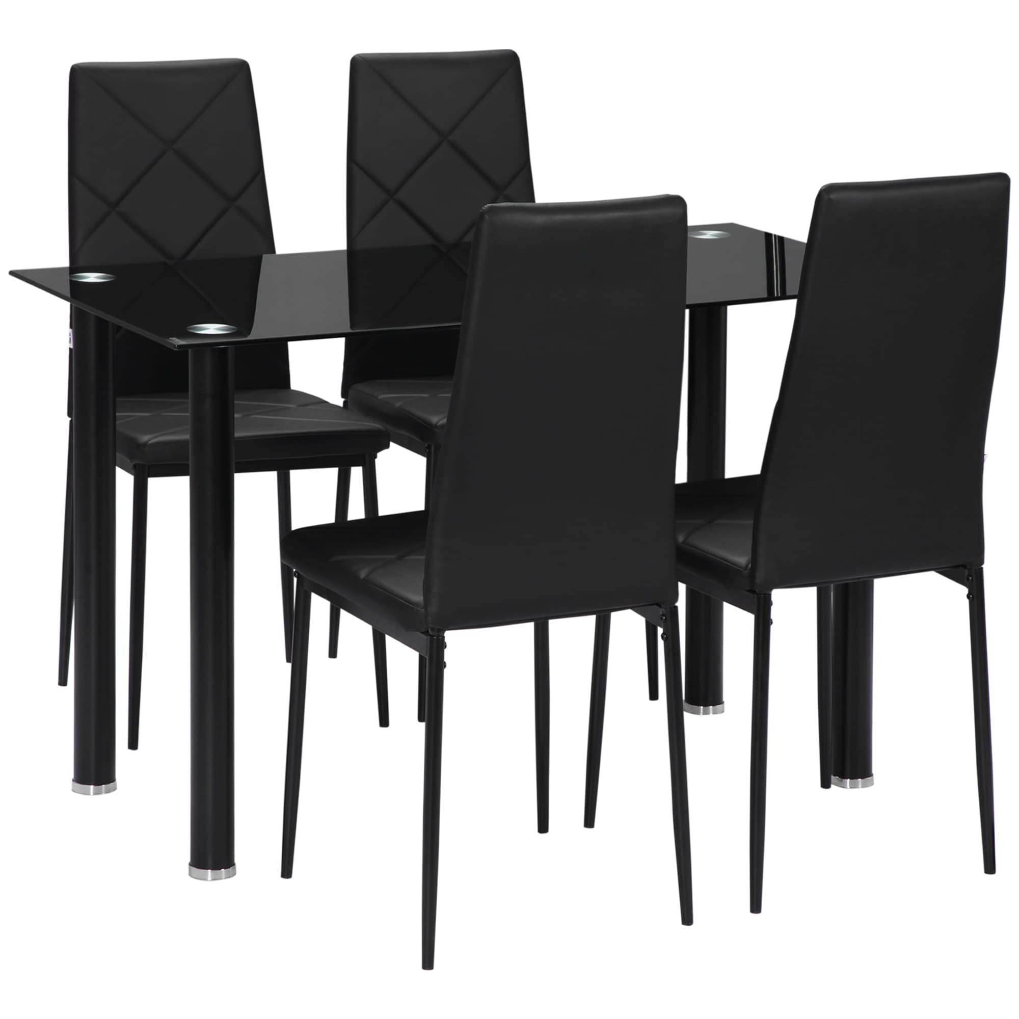 HOMCOM Dining Table and Chairs Set, 4 Seater Modern Dining Set with Glass Tabletop Foam Pads, and Steel Frame, Black | Aosom UK