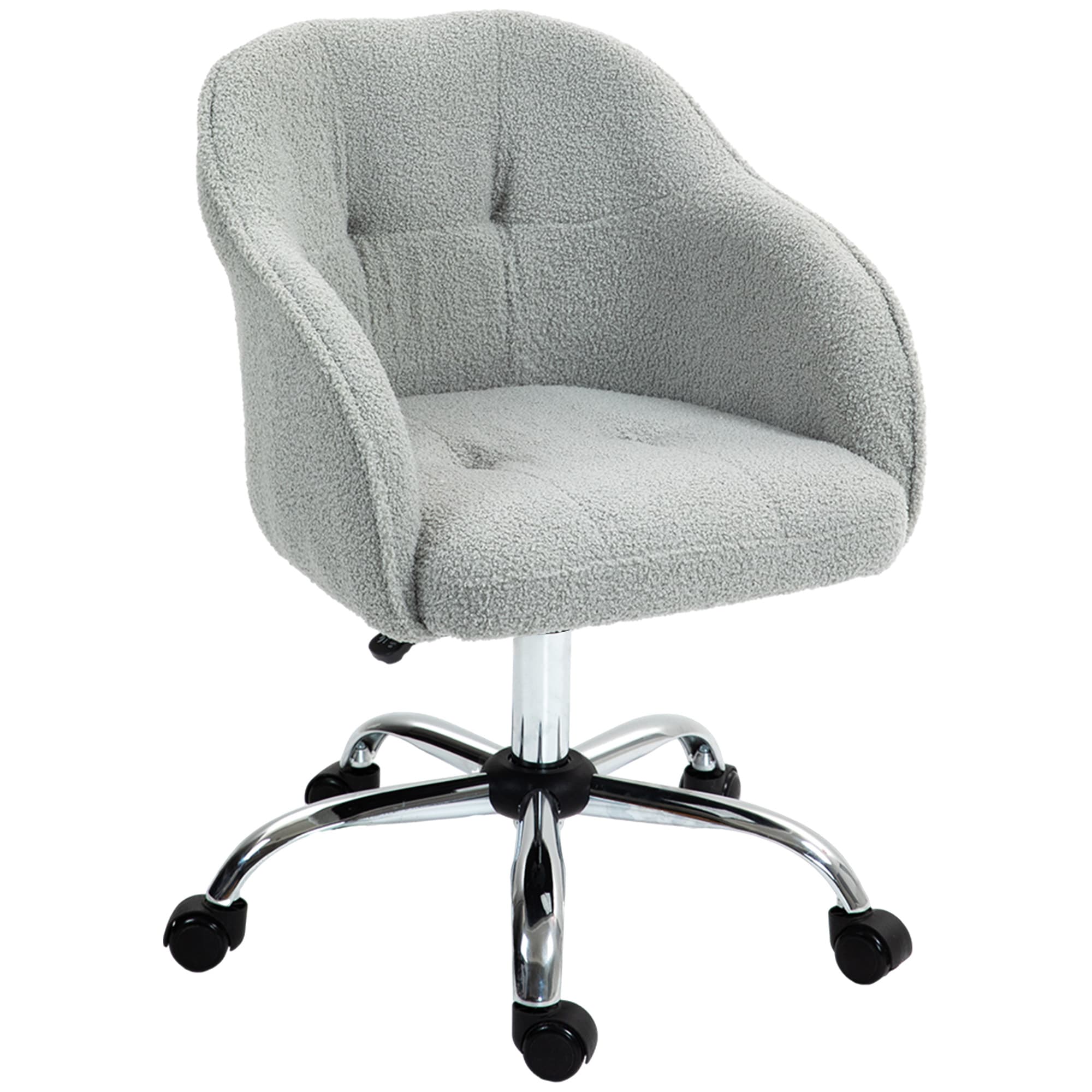 HOMCOM Swivel Armchair withTall Back, Teddy Fleece Office Chair, Makeup Vanity Chair with Height Adjustable, Wheels, for Home Study, Grey | Aosom UK