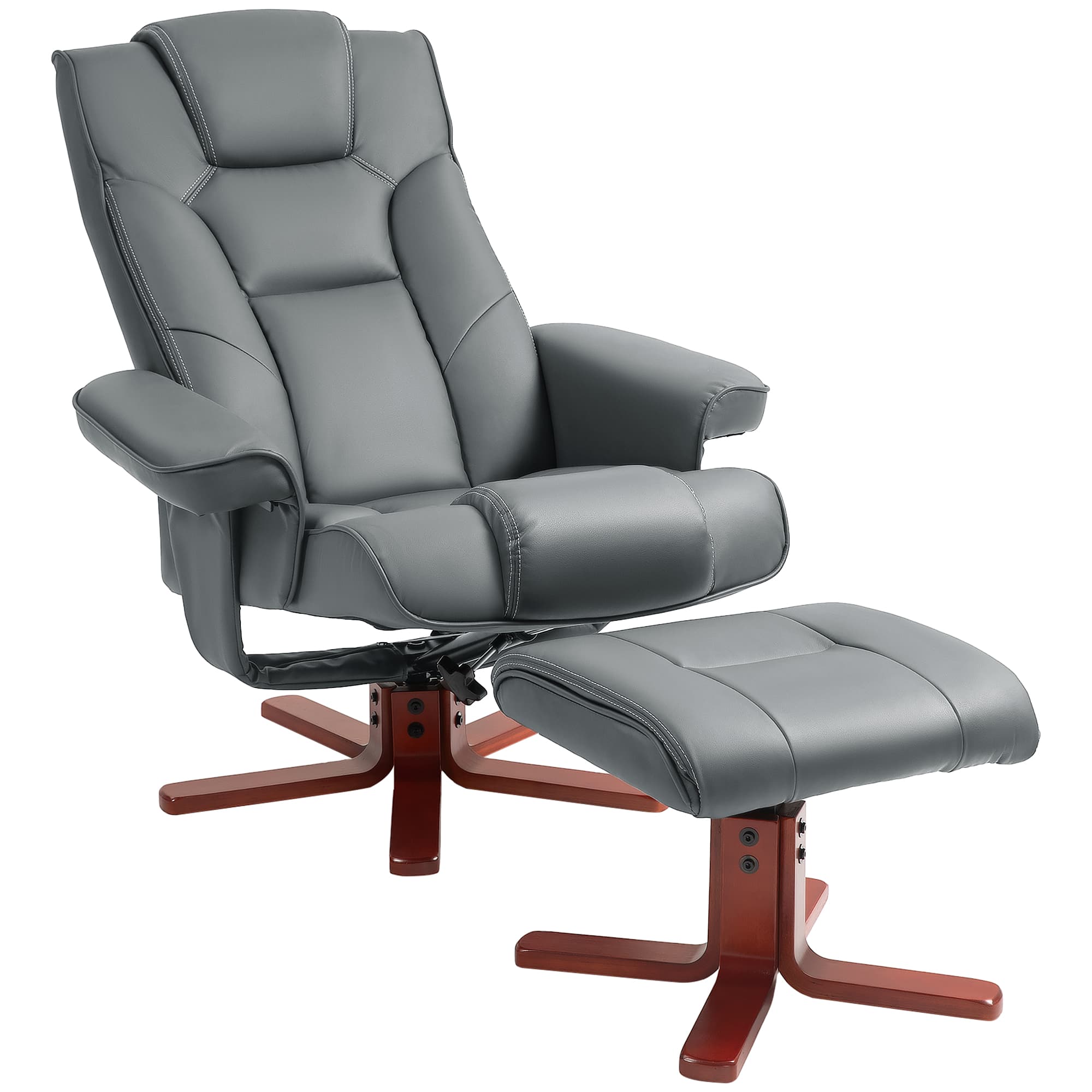 HOMCOM Leather Recliner Chair wirh Footstool, High Back, Armrests, Bent Wood Base, Rocking Function, Grey | Aosom UK