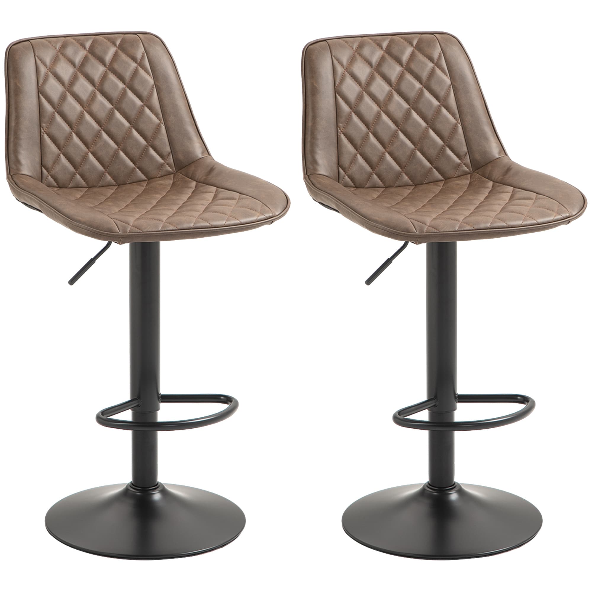 HOMCOM Bar Stools Set of 2, Retro Adjustable Kitchen Stool, Swivel PU Leather Upholstered Bar Chairs w/ Back, Footrest & Steel Base, Brown | Aosom UK
