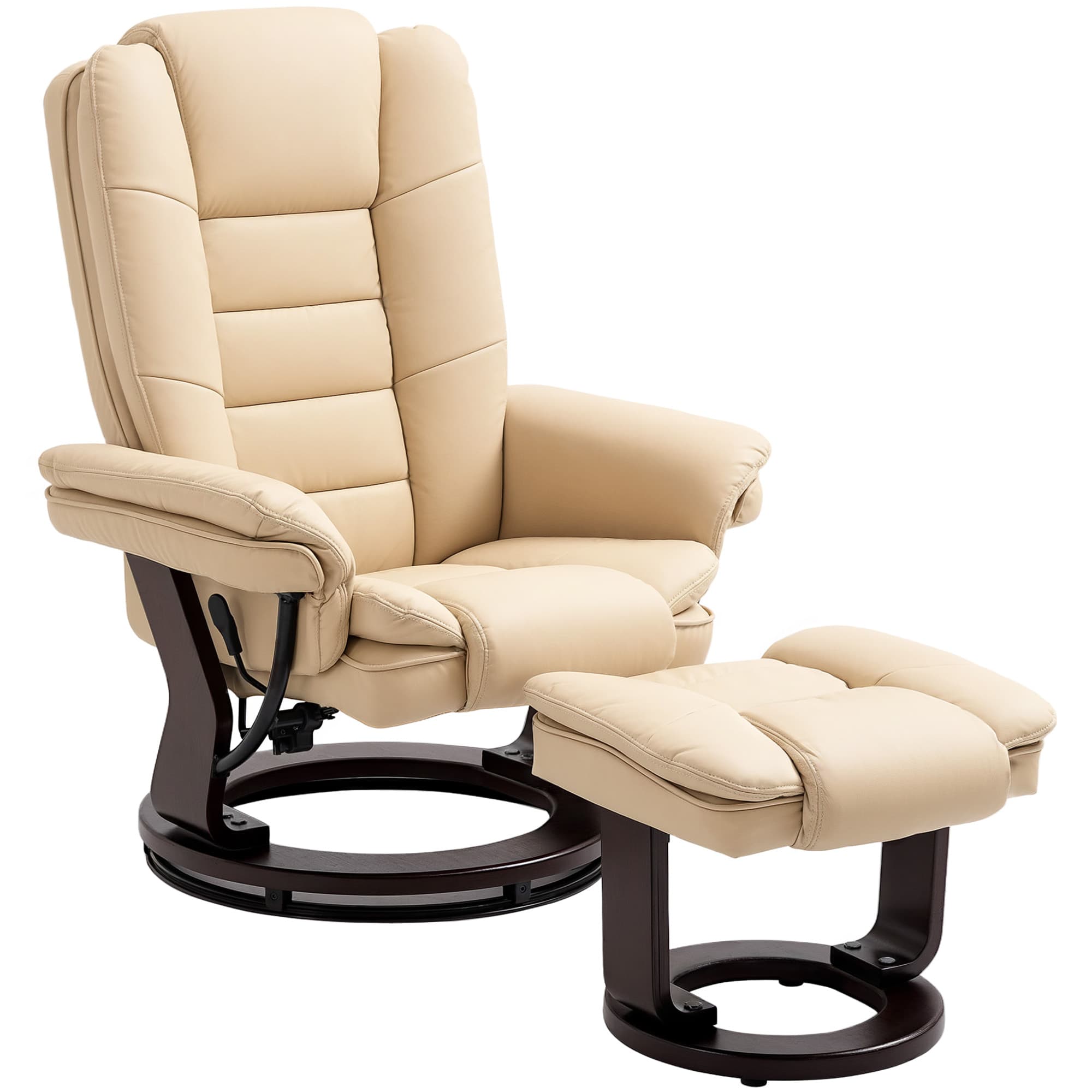 HOMCOM Reclining Lounge Chair with Footstool, Faux Leather Padded Armchair with Adjustable Backrest, Comfortable Relaxation Chair for Living Room, Beige | Aosom UK