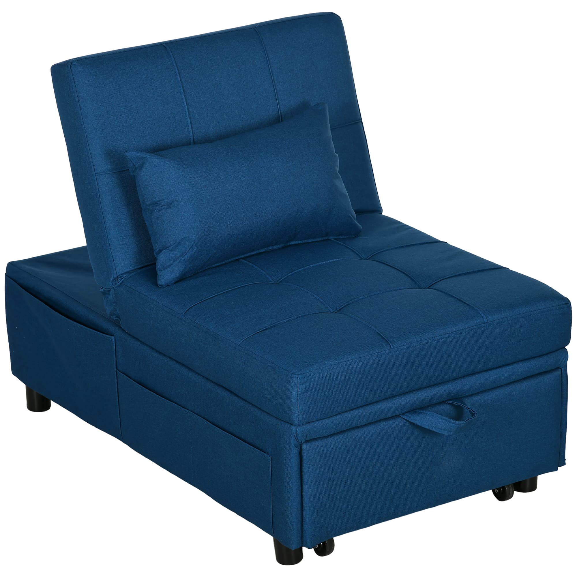HOMCOM Convertible Chair Bed w/ Padding Seat, 3-in-1 Multi-Functional Sleeper Chair Bed w/ Adjustable Backrest, Wheels and Pillow, Cat Scratch Anti, Blue