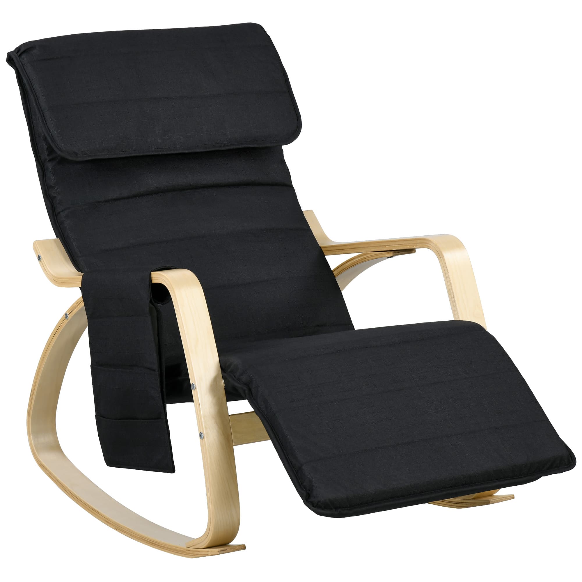 HOMCOM Rocking Lounge Chair Recliner Relaxation Lounging Relaxing Seat with Adjustable Footrest, Side Pocket and Pillow, Black | Aosom UK