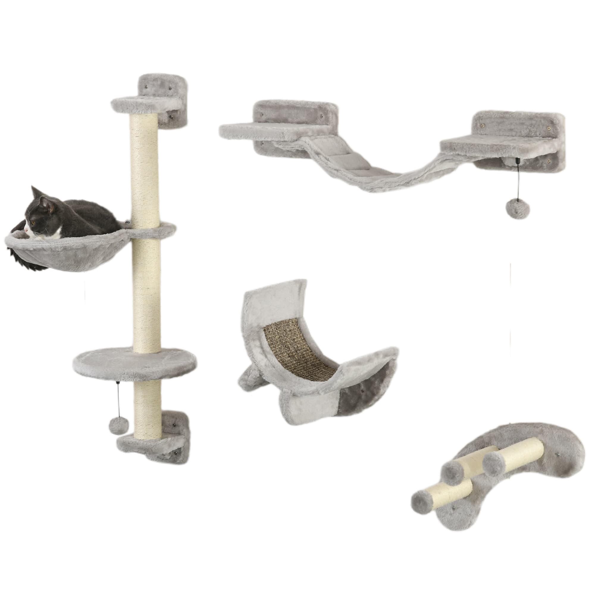 PawHut 4-Piece Cat Wall Furniture, Grey | Aosom UK