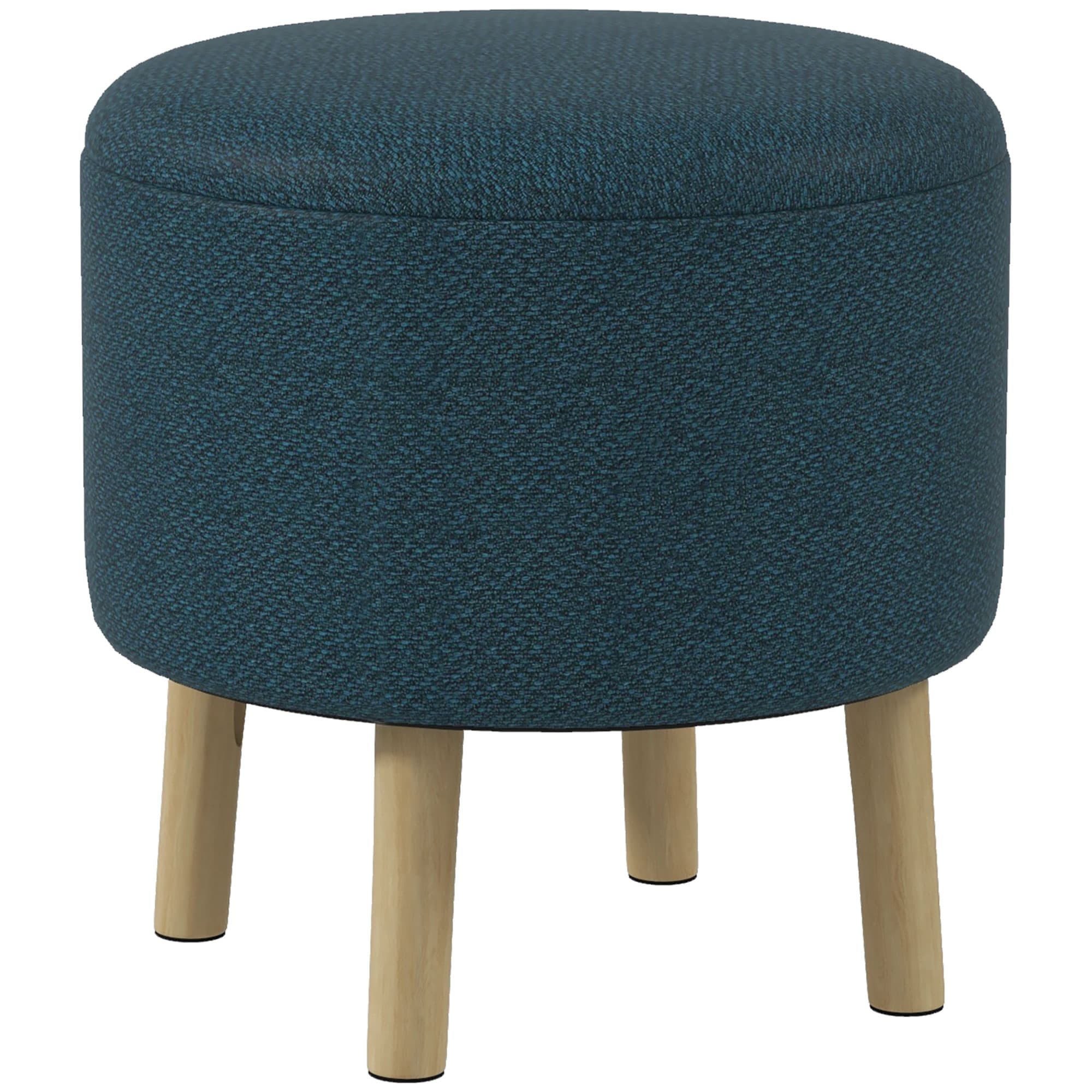 HOMCOM Round Ottoman, Linen Fabric Upholstered Footstool with Storage, Padded Seat & Wooden Legs, Blue
