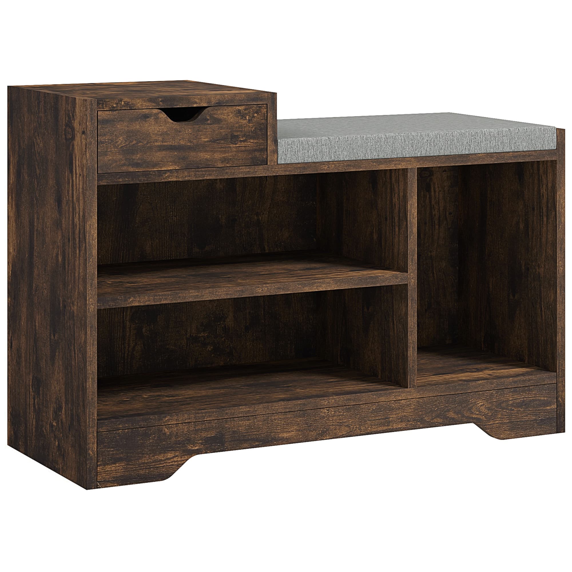 HOMCOM Multi-Compartment Shoe Bench, Upholstered Shoe Storage Bench with Drawer & 3 Open Shelves for Hallway, Rustic Brown | Aosom UK
