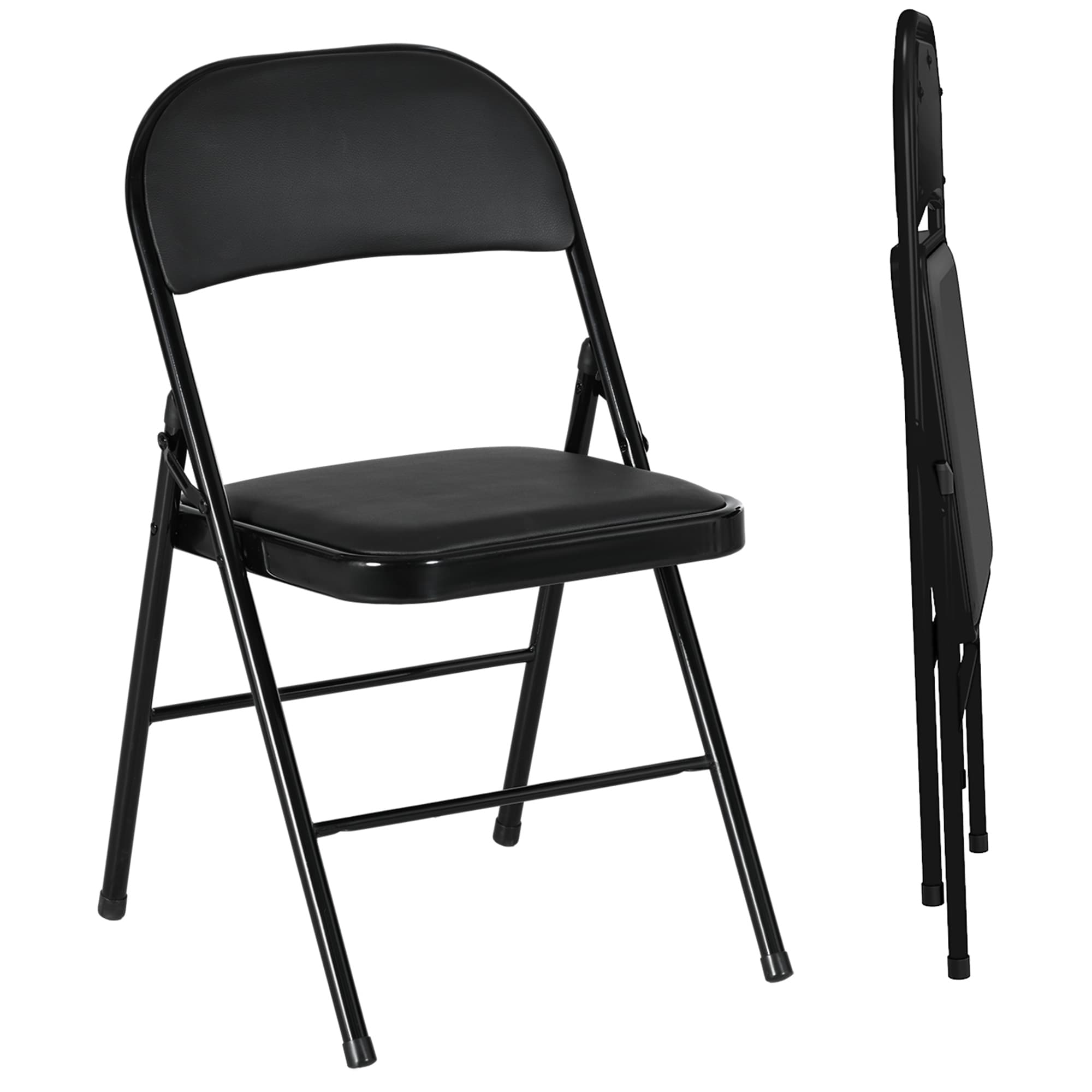 HOMCOM Padded Folding Chairs Set of 2 PU Leather Foldable Chairs with Cushioned Seat and Metal Frame for Home Office Dining, Black | Aosom UK