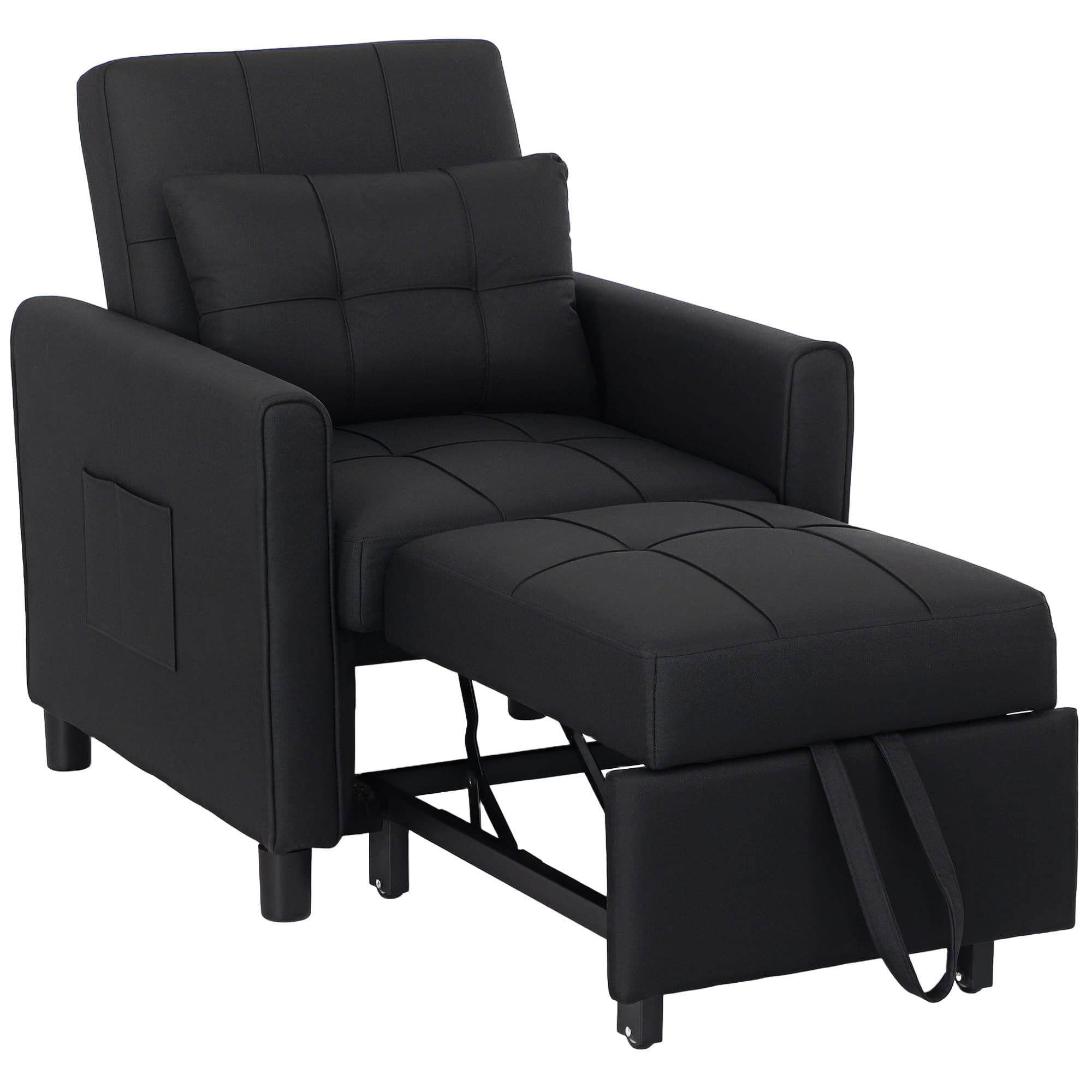 HOMCOM 3-In-1 Linen-Look Single Chair Bed with 11cm Thick Adjustable Back Fold Out Chair Bed with Eucalyptus Wood Sofa Frame - Black | Aosom UK