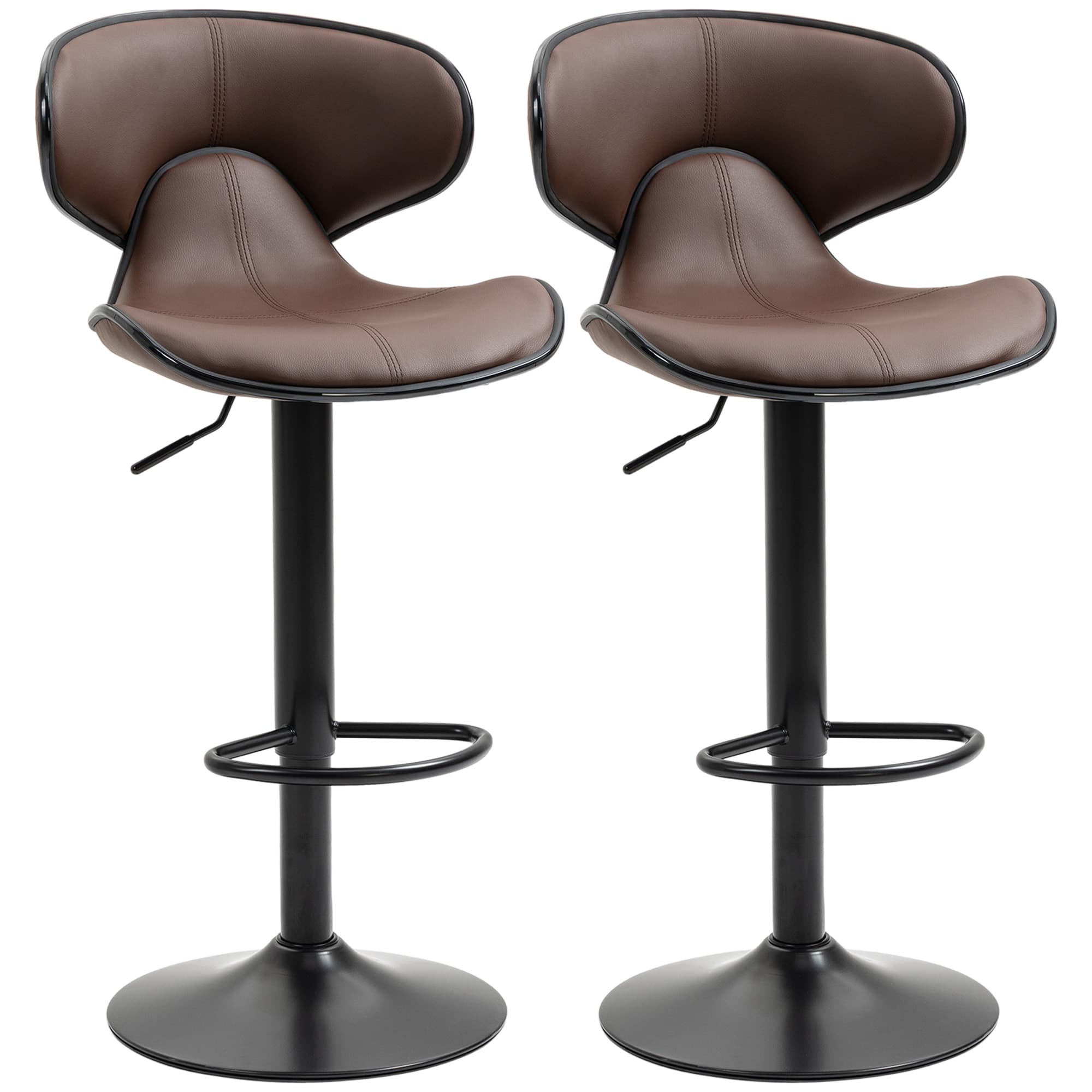 HOMCOM Breakfast Bar Stools Set of 2 with Curved Back Leather Bar Stools 62-82cm Adjustable Height with Curved Back & Gas Lift, Brown | Aosom UK