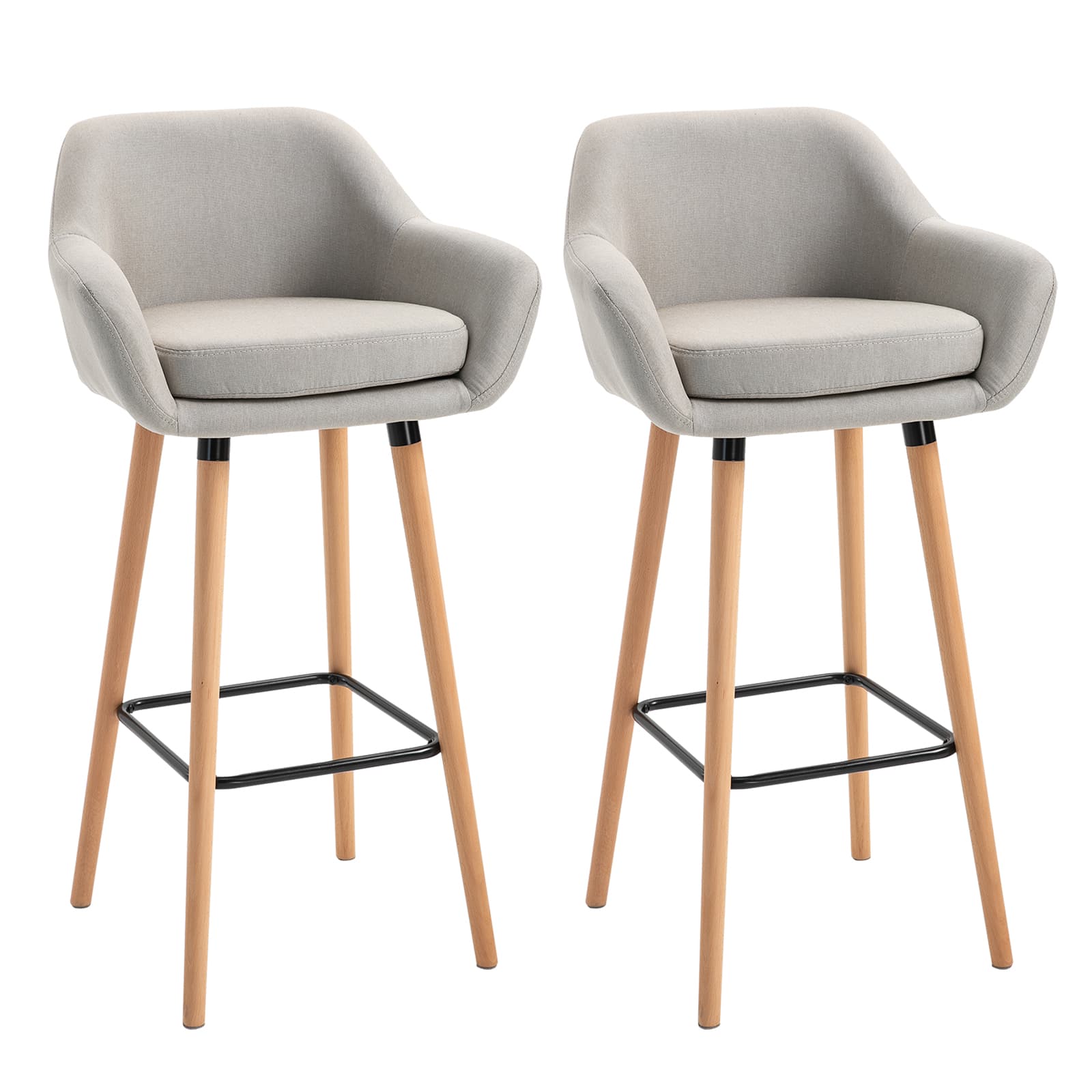 HOMCOM Bar Kitchen Stools Set of 2, Modern Upholstered Seat, Metal Frame, Solid Wood Legs Living Room Dining Room Fabric Furniture, Cat Scratch Anti, Beige | Aosom UK