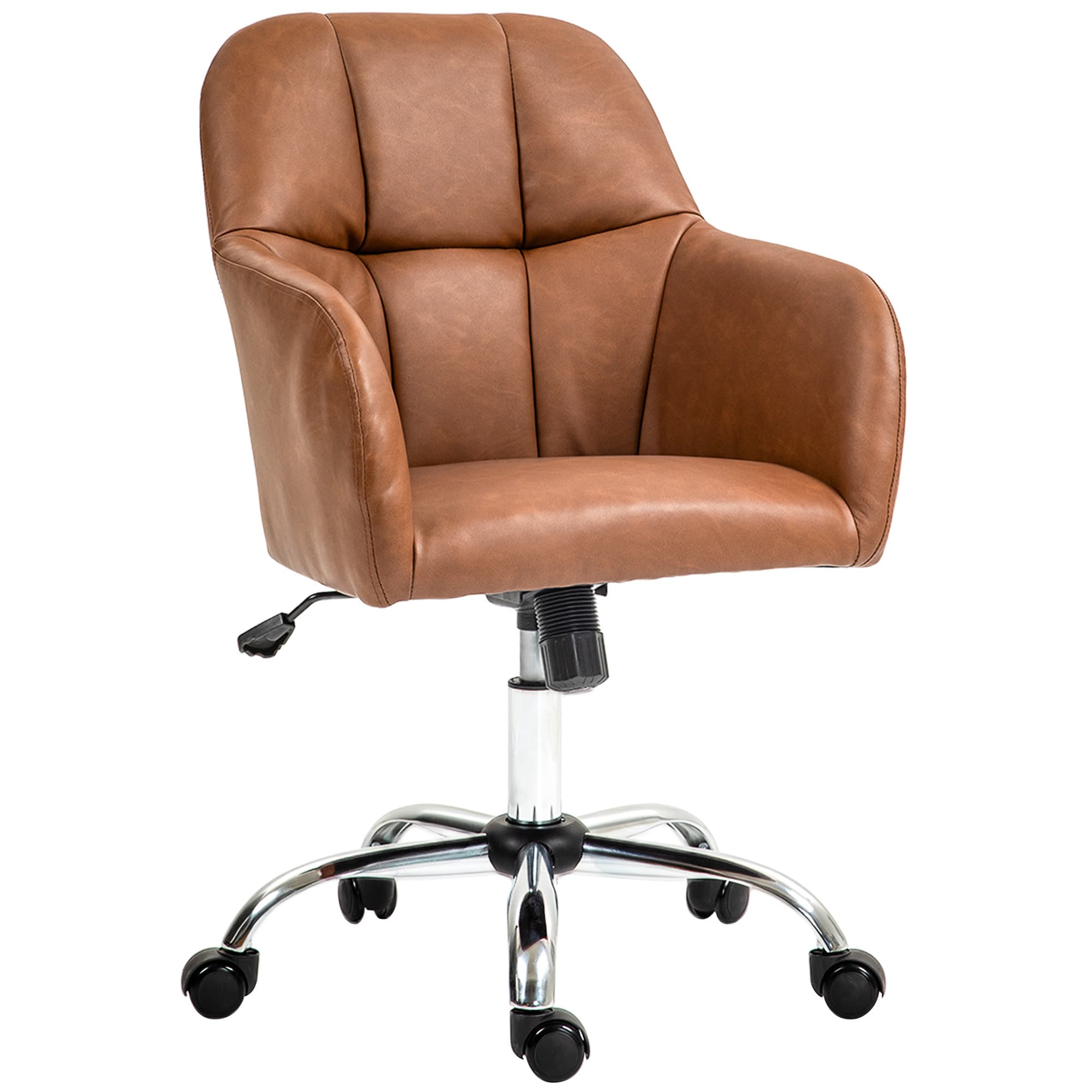 HOMCOM Leather Swivel Chair with Thick Padded Seat, PU Leather Office Chair, Makeup Vanity Chair with Height Adjustable, Wheels, Brown | Aosom UK