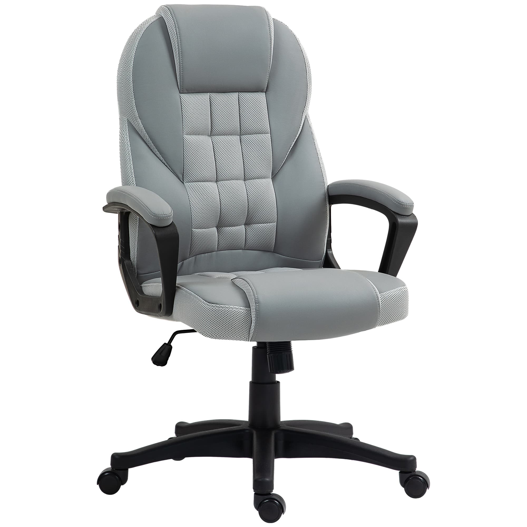 HOMCOM Faux Leather Desk Chair with Adjustable Height and Tilt Function, Swivel Executive Chair with High Back and Armrests for Home & Office, Grey | Aosom UK