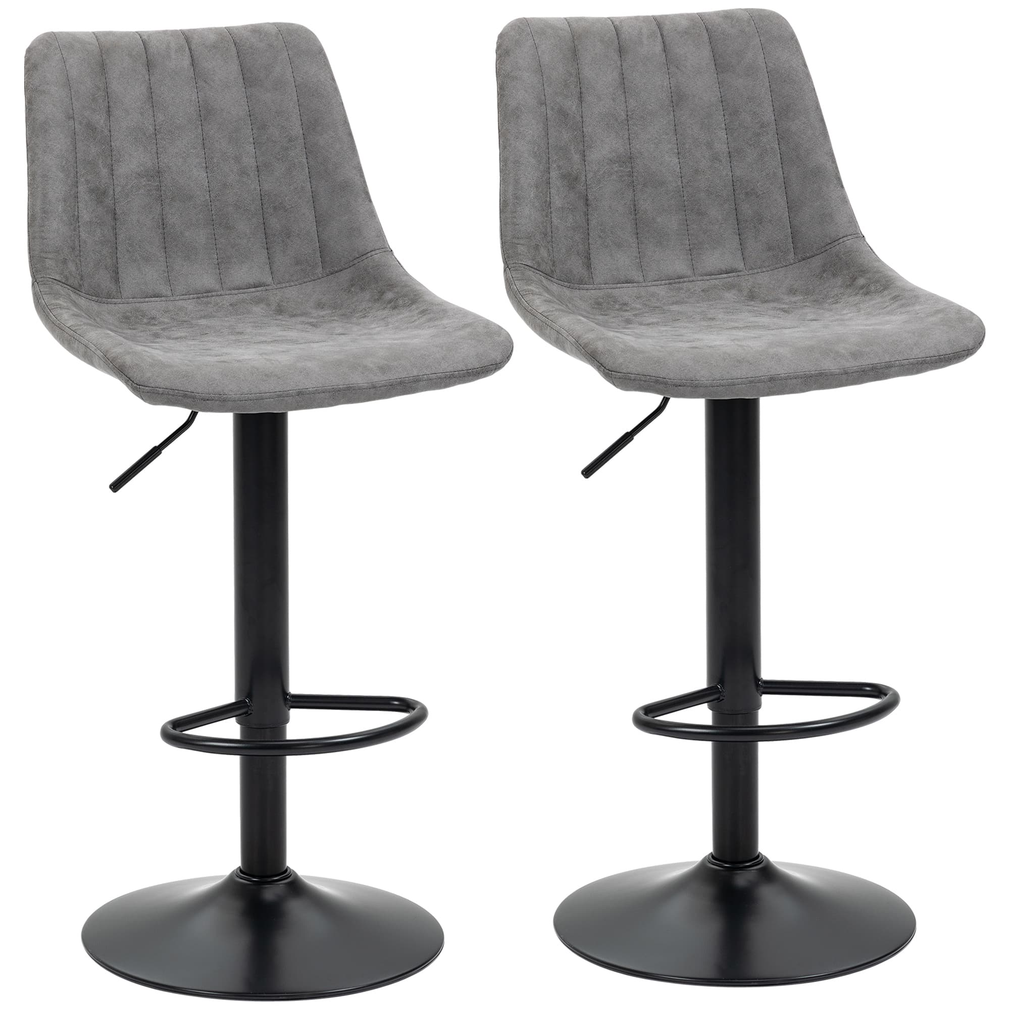 HOMCOM Breakfast Bar Stools Set of 2, 59-80cm Sitting Hight Leather Upholstered Bar Chairs with Back, Swivel Seat, Grey | Aosom UK