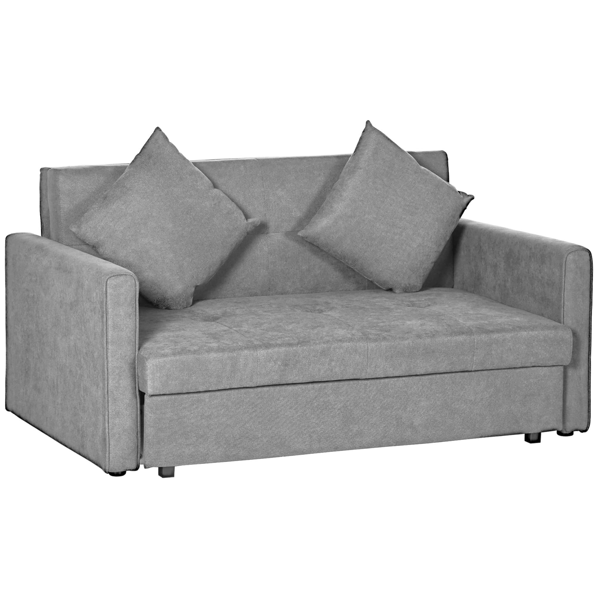 HOMCOM 2 Seater Sofa Bed, Convertible Bed Settee, Modern Fabric Loveseat Sofa Couch w/ Cushions, Hidden Storage for Guest Room, Light Grey
