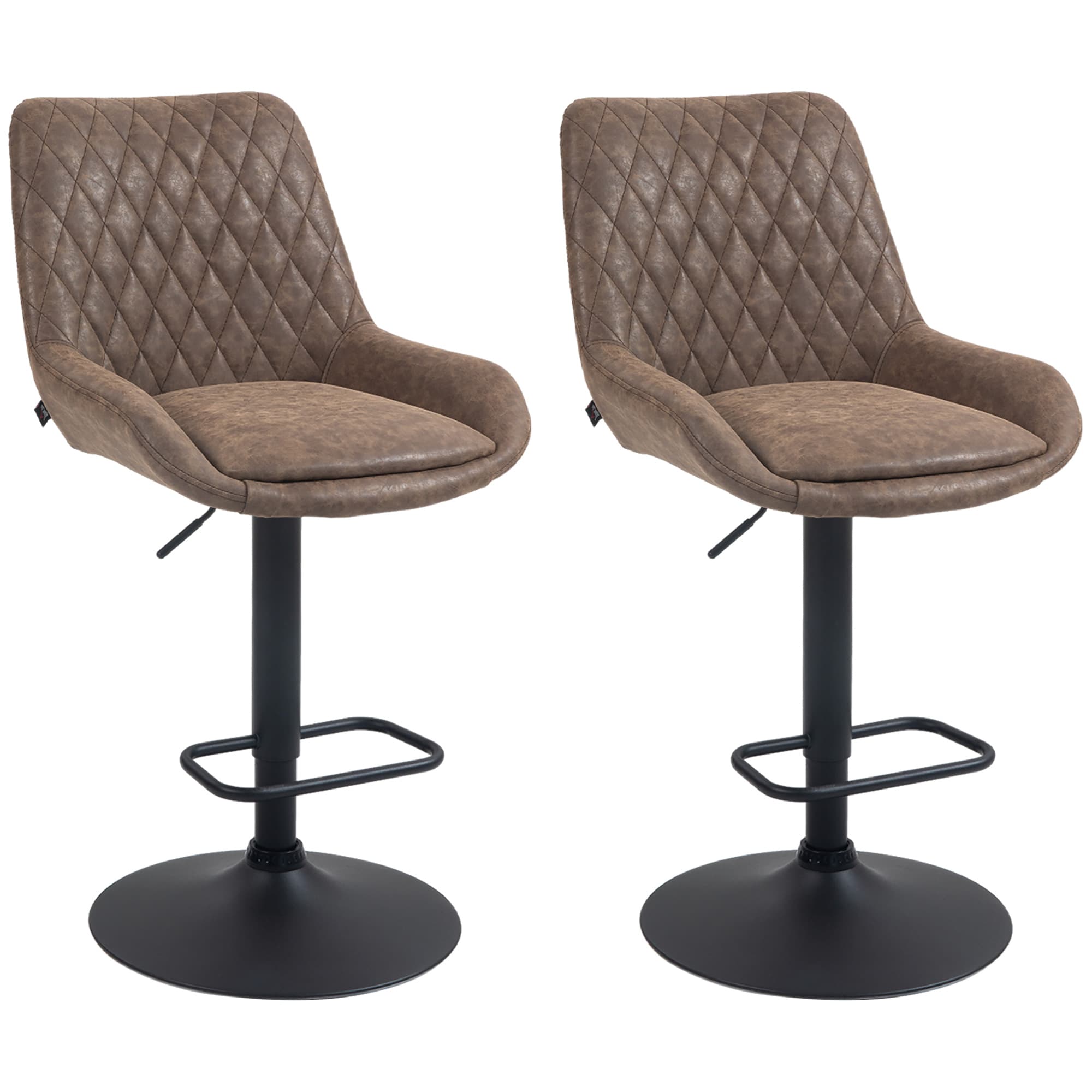 HOMCOM Retro Bar Stools Adjustable High Back Faux Leather Set of Two 360° Swivel Bar Stools for Kitchen Bar Pub, Brown | Aosom UK