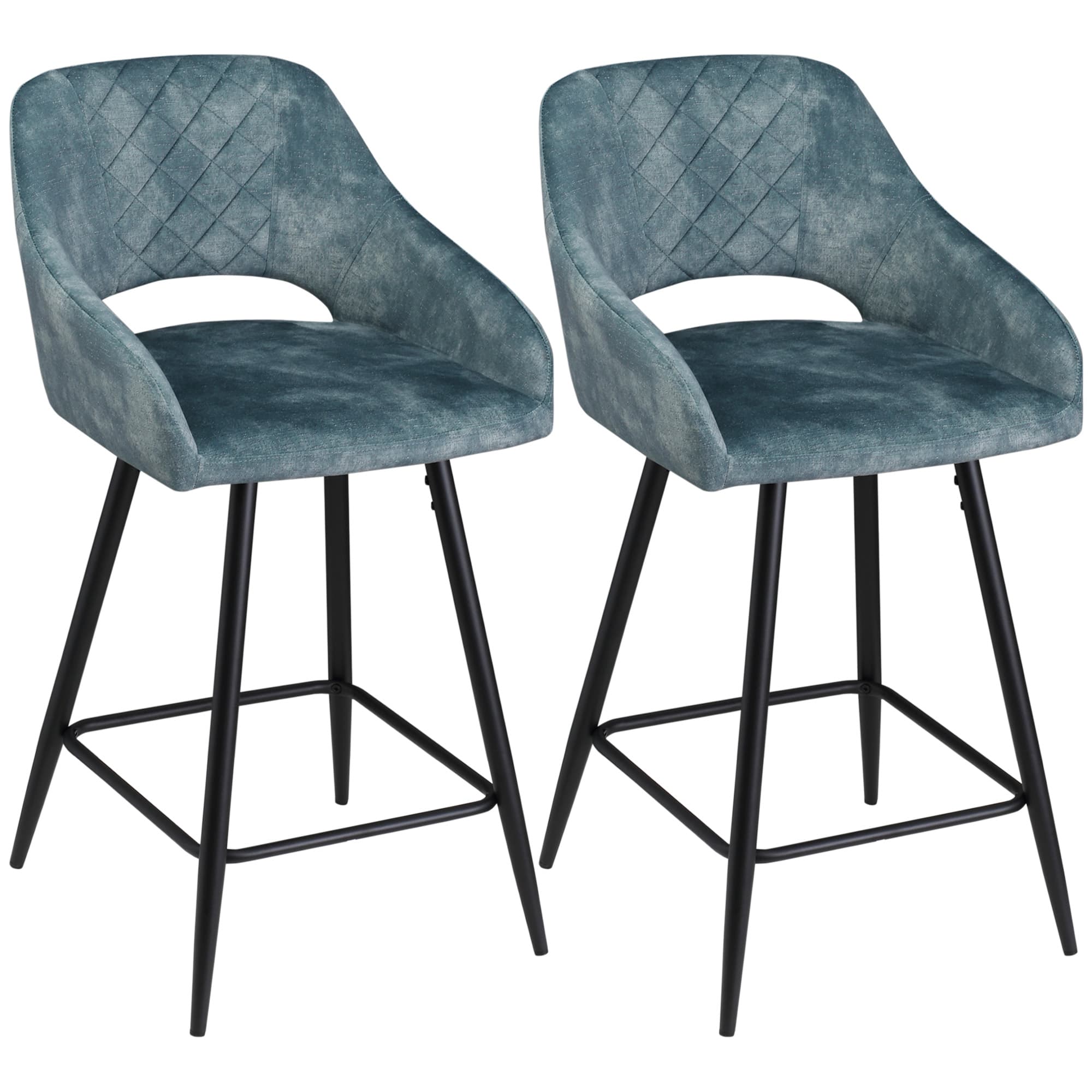 HOMCOM Bar Stools Set of 2, Velvet-Touch Fabric Counter Height Bar Chairs, Kitchen Stools with Steel Legs for Dining Area, Blue | Aosom UK