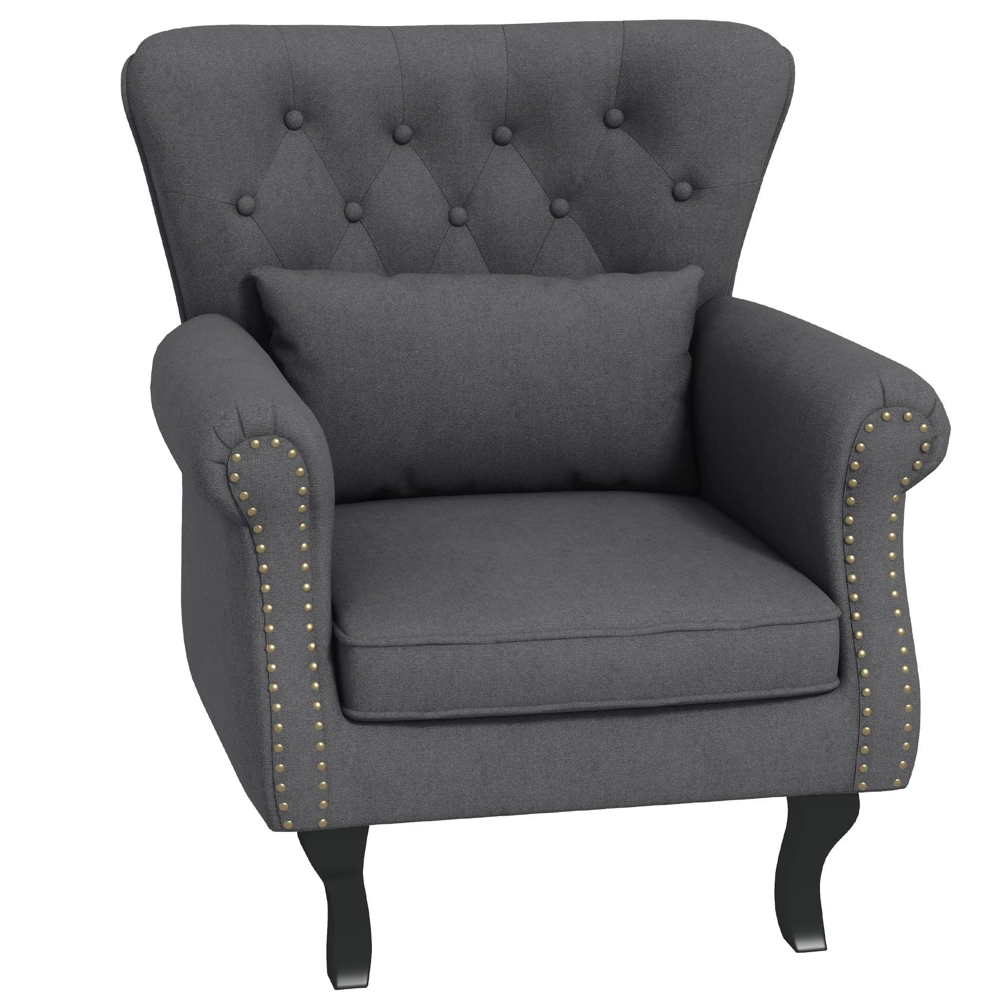 HOMCOM Chesterfield-style Accent Chair, Tufted Wingback Armchair with Pillow, Naihead Trim for Living Room, Bedroom, Cat Scratch Anti, Dark Grey | Aosom UK