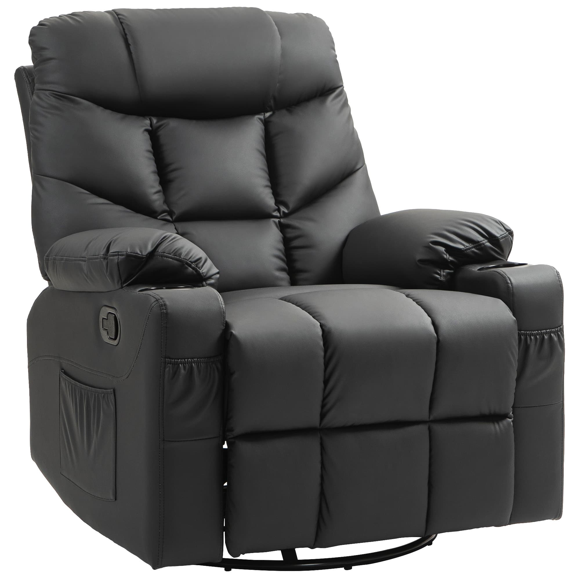 HOMCOM Manual Reclining Chair, Recliner Armchair with Swivel, Faux Leather, Footrest, Cup Holders, 86x93x102cm, Black | Aosom UK
