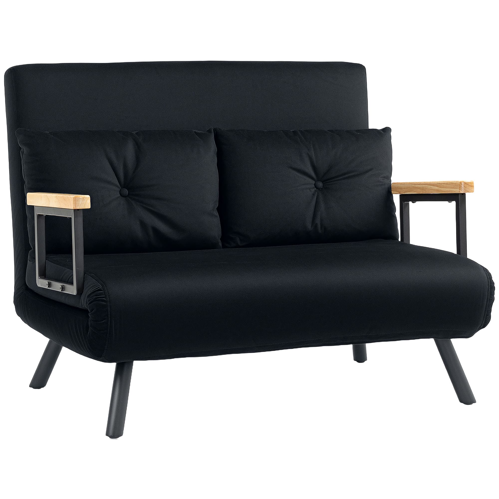 HOMCOM Convertible Double Sofa Bed, 180° Recline, Velvet Touch Fabric & Wooden Armrests, with 20CM Cushions & 2 Pillows, Black | Aosom UK