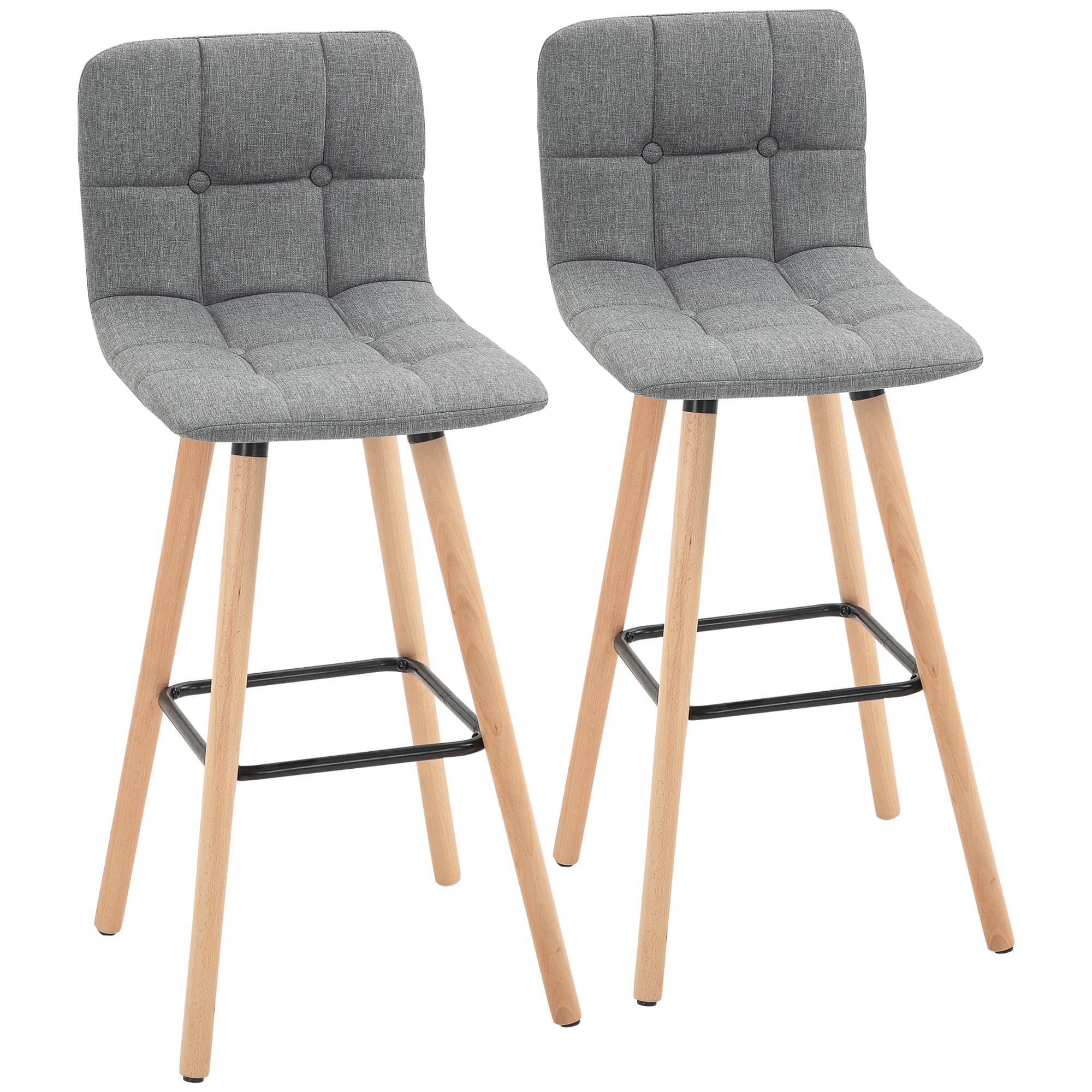 HOMCOM Bar Chair Set of 2 Armless Button-Tufted Counter Height Bar Chairs with Wood Legs & Footrest, Cat Scratch Anti, Grey | Aosom UK