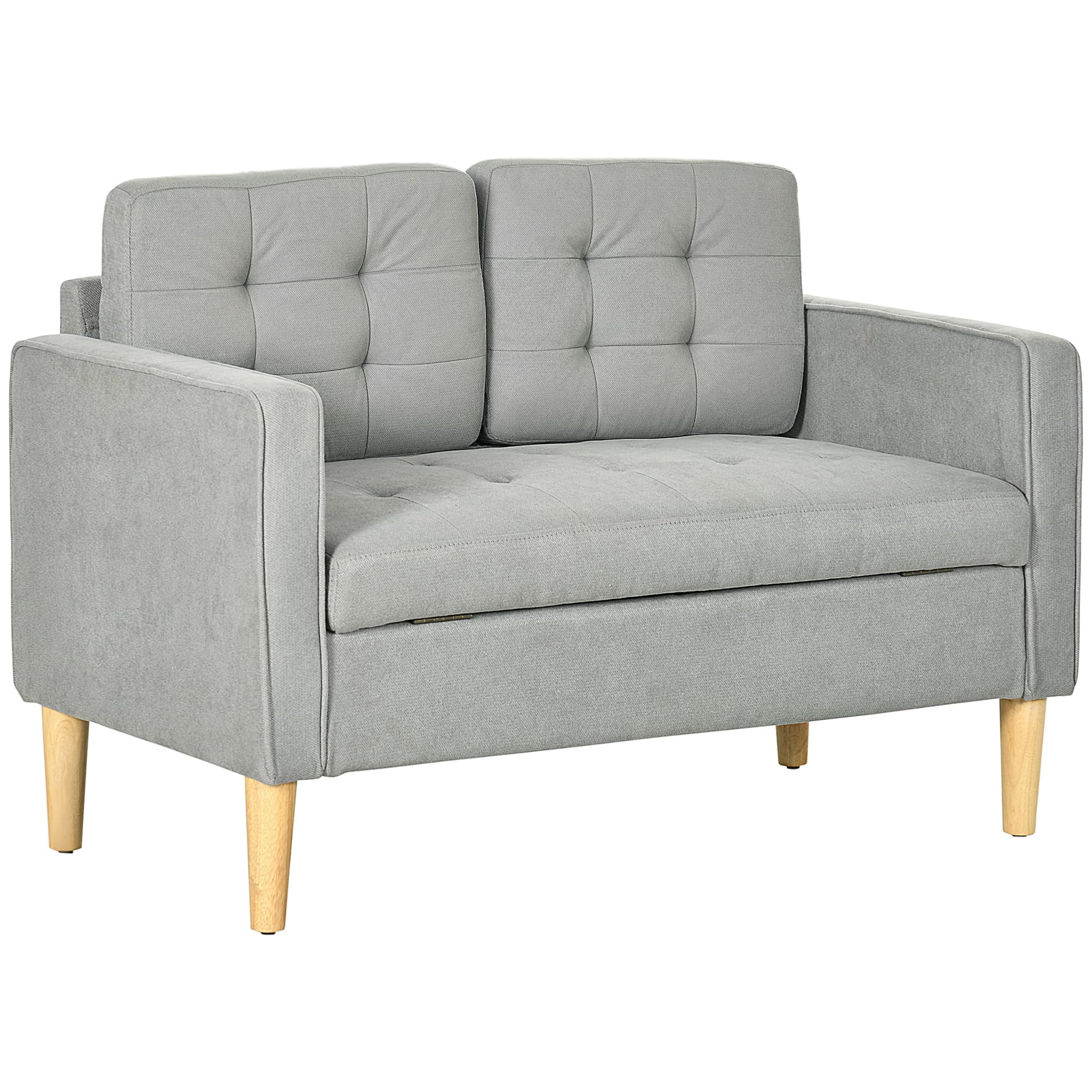 HOMCOM Modern 2 Seater Sofa with Hidden Storage, 117cm Tufted Cotton Couch, Compact Loveseat Sofa with Wood Legs, Light Grey