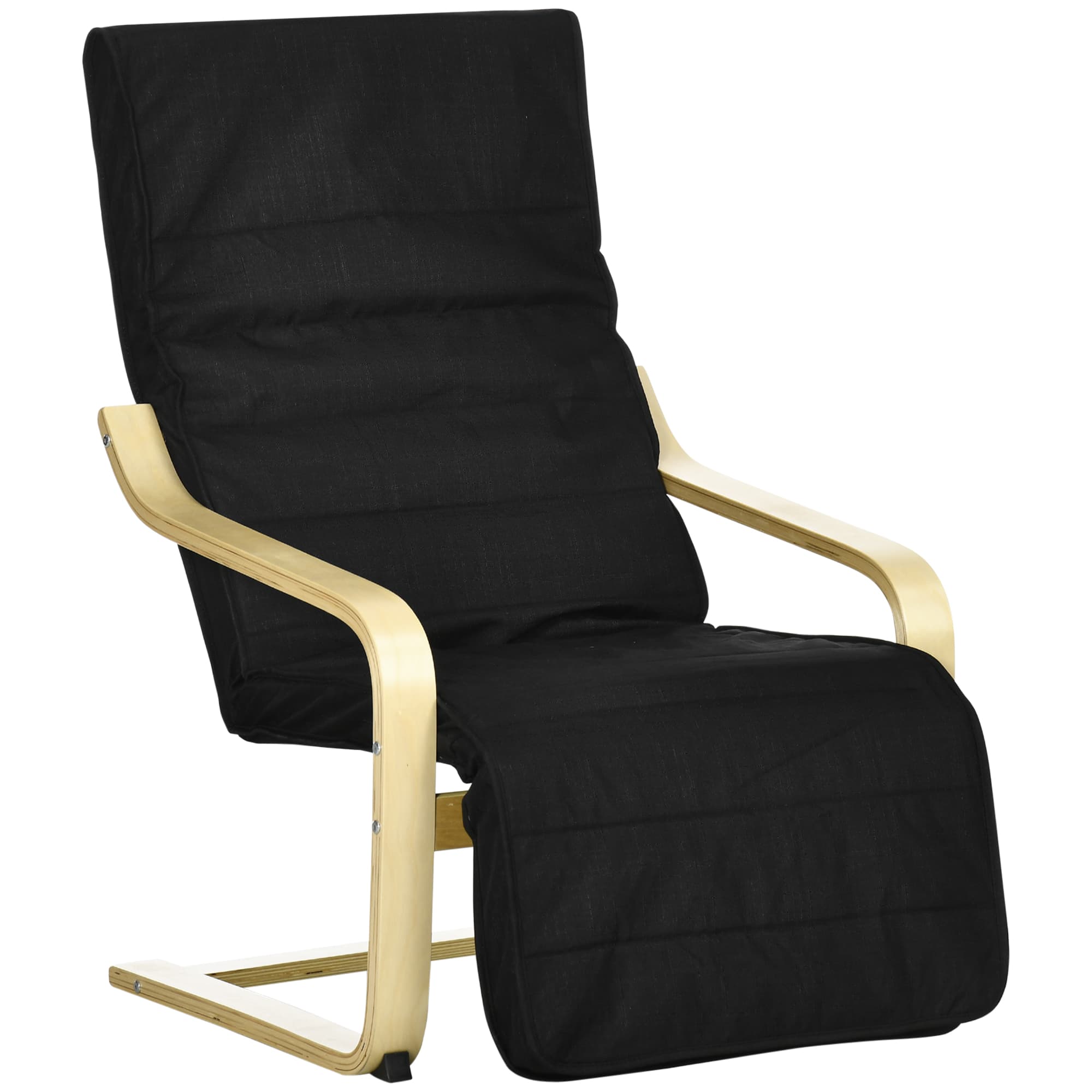 HOMCOM Wooden Lounging Chair Deck Relaxing Recliner Lounge Seat with Adjustable Footrest & Removable Cushion, Cat Scratch Resistant, Black