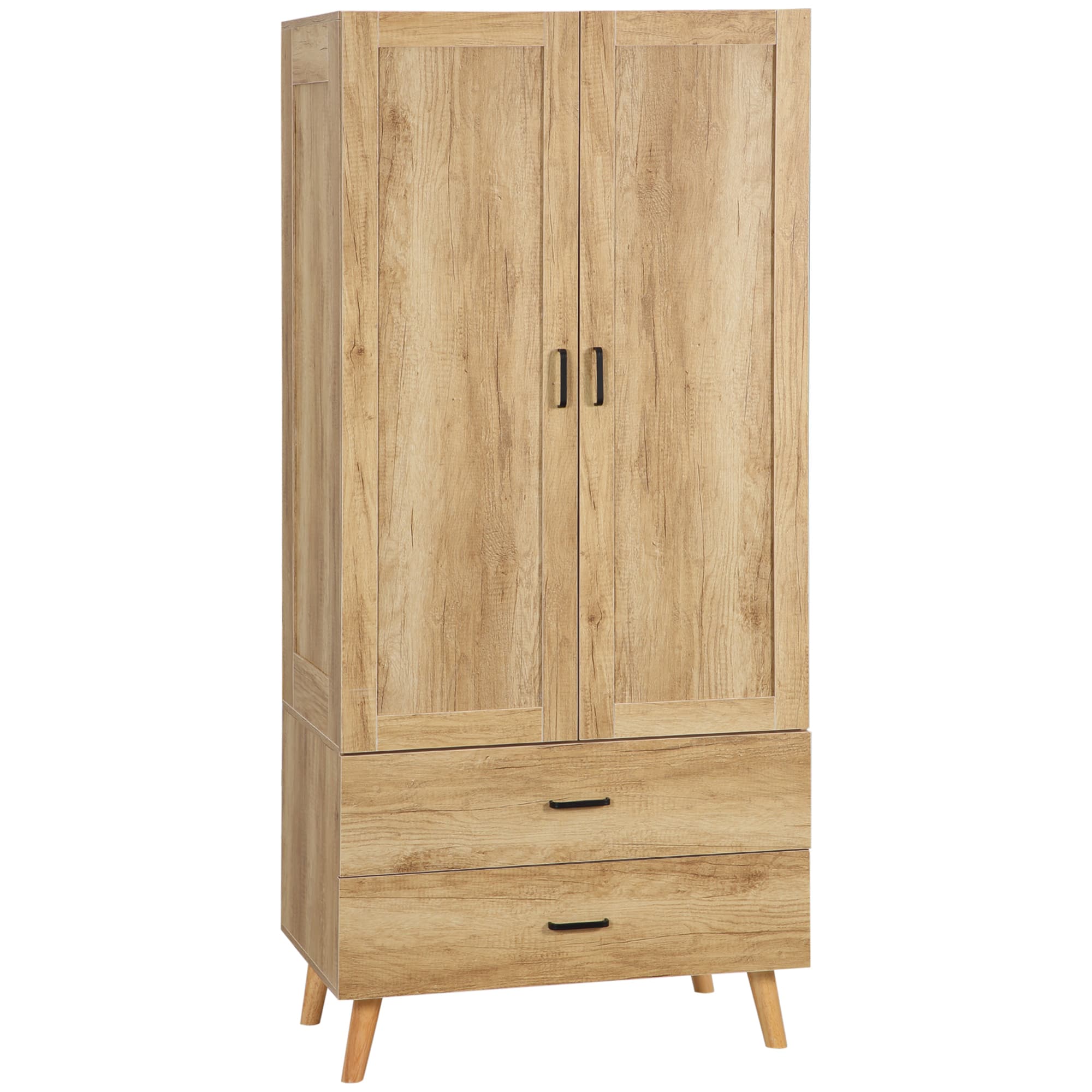 HOMCOM 2 Door Wardrobe, Modern Wardrobe with 2 Drawer and Hanging Rail for Bedroom, Natural | Aosom UK