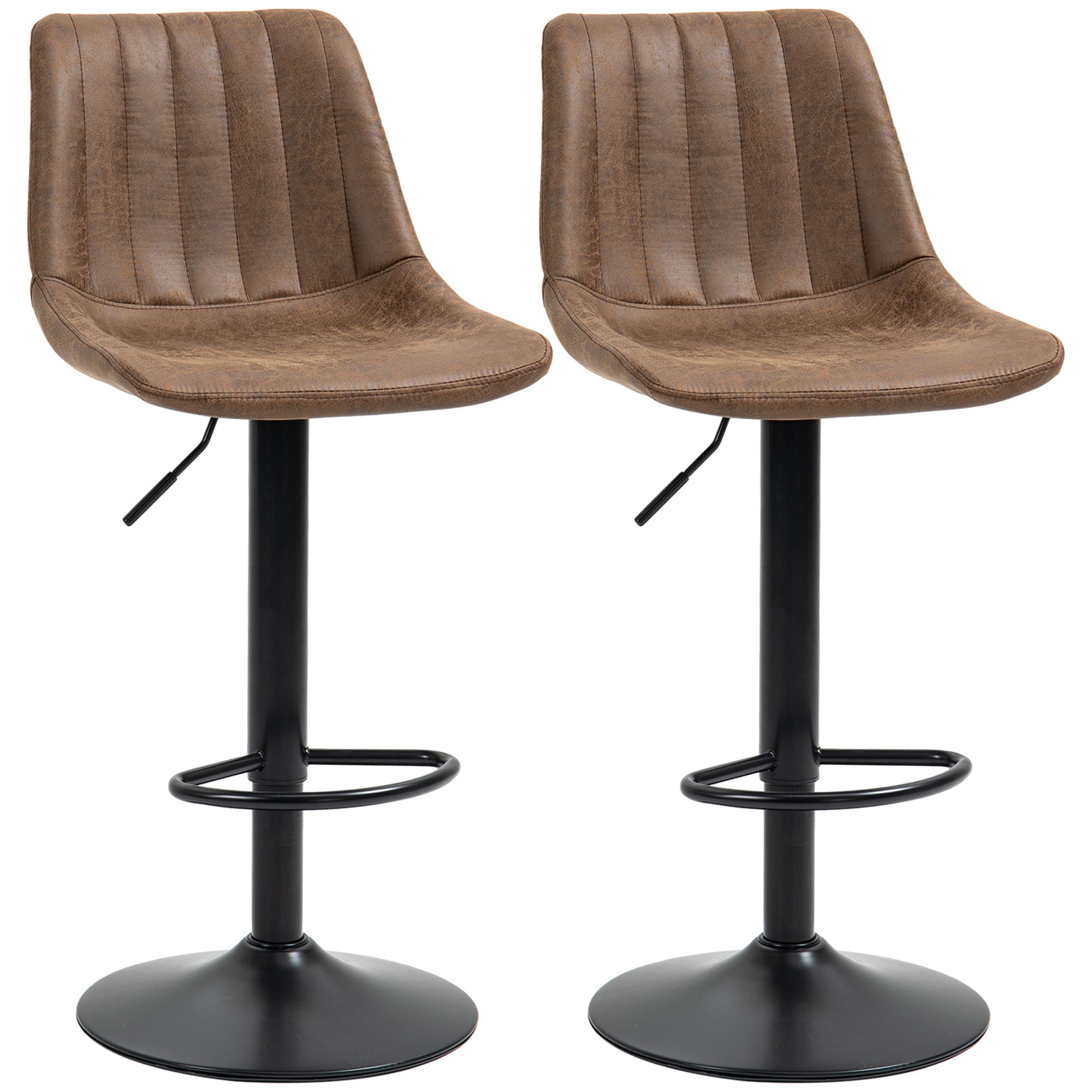 HOMCOM Breakfast Bar Stools Set of 2, 59-80cm Sitting Hight Leather Upholstered Bar Chairs with Back, Swivel Seat, Brown | Aosom UK