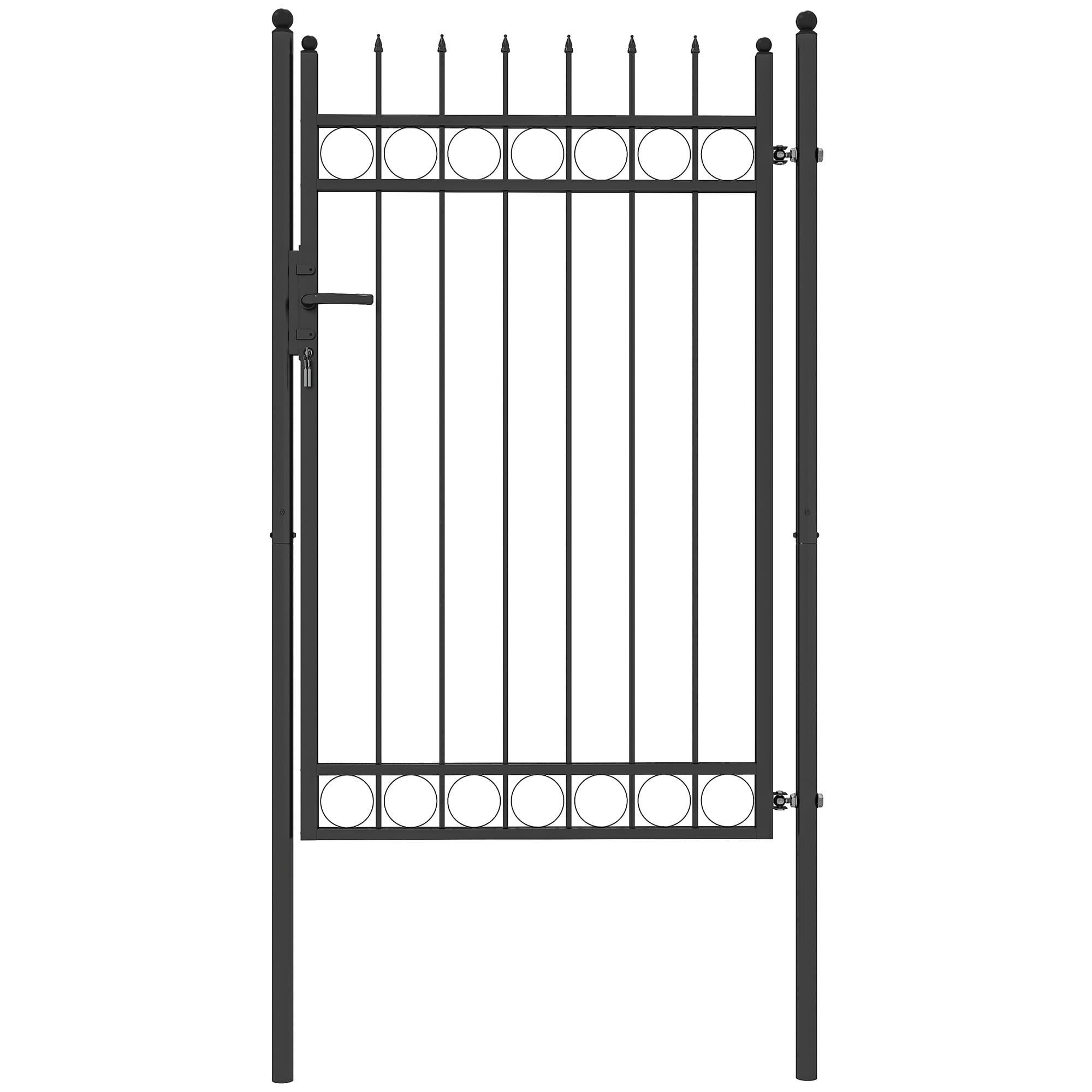 Outsunny Galvanised Steel Garden Gate, Outdoor Fence Gate Security Barrier with Lock, Keys and Handle, Outdoor Entrance Way Door with Classic Finials, 105 x 204 cm, Black | Aosom UK