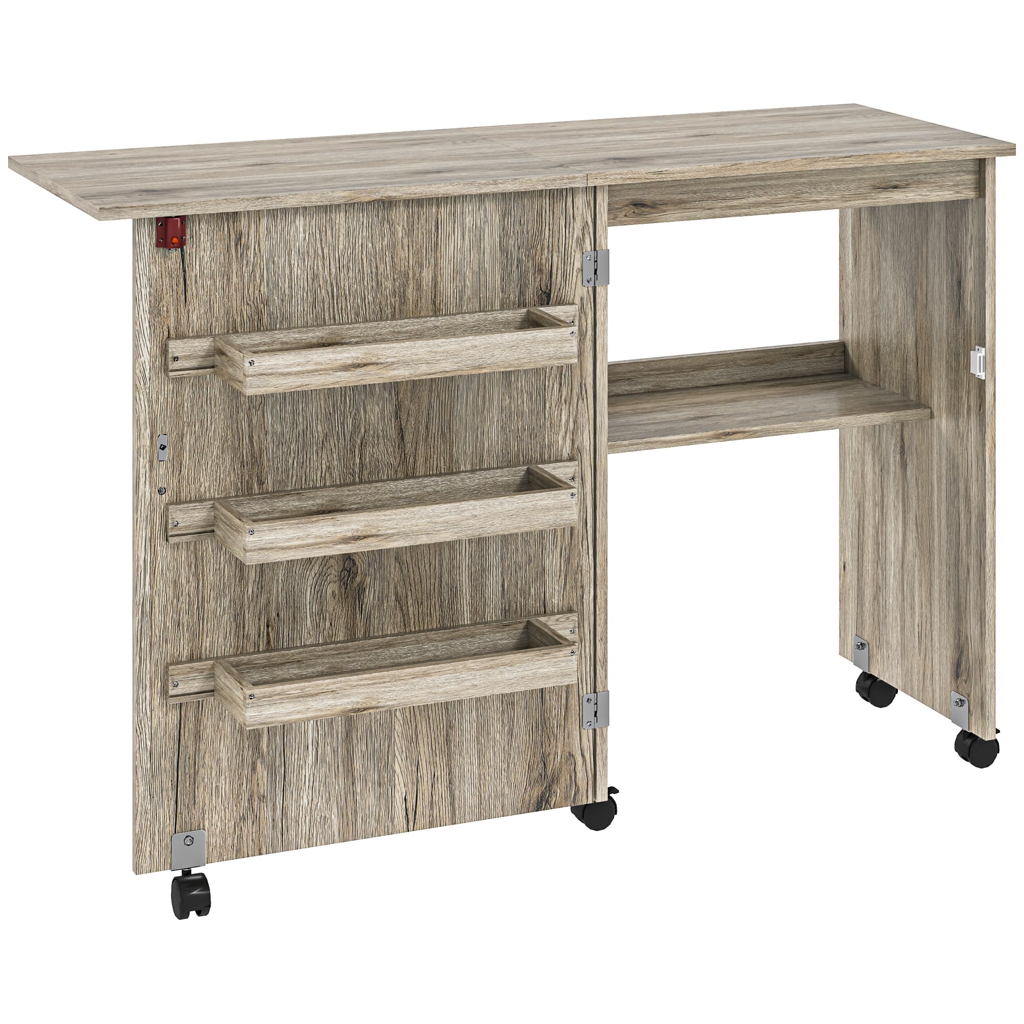 HOMCOM Folding Sewing Table, Drop Leaf Craft Table with Storage Bins, Open Shelf and Wheels, Rolling Sewing Machine for Small Space, Grey