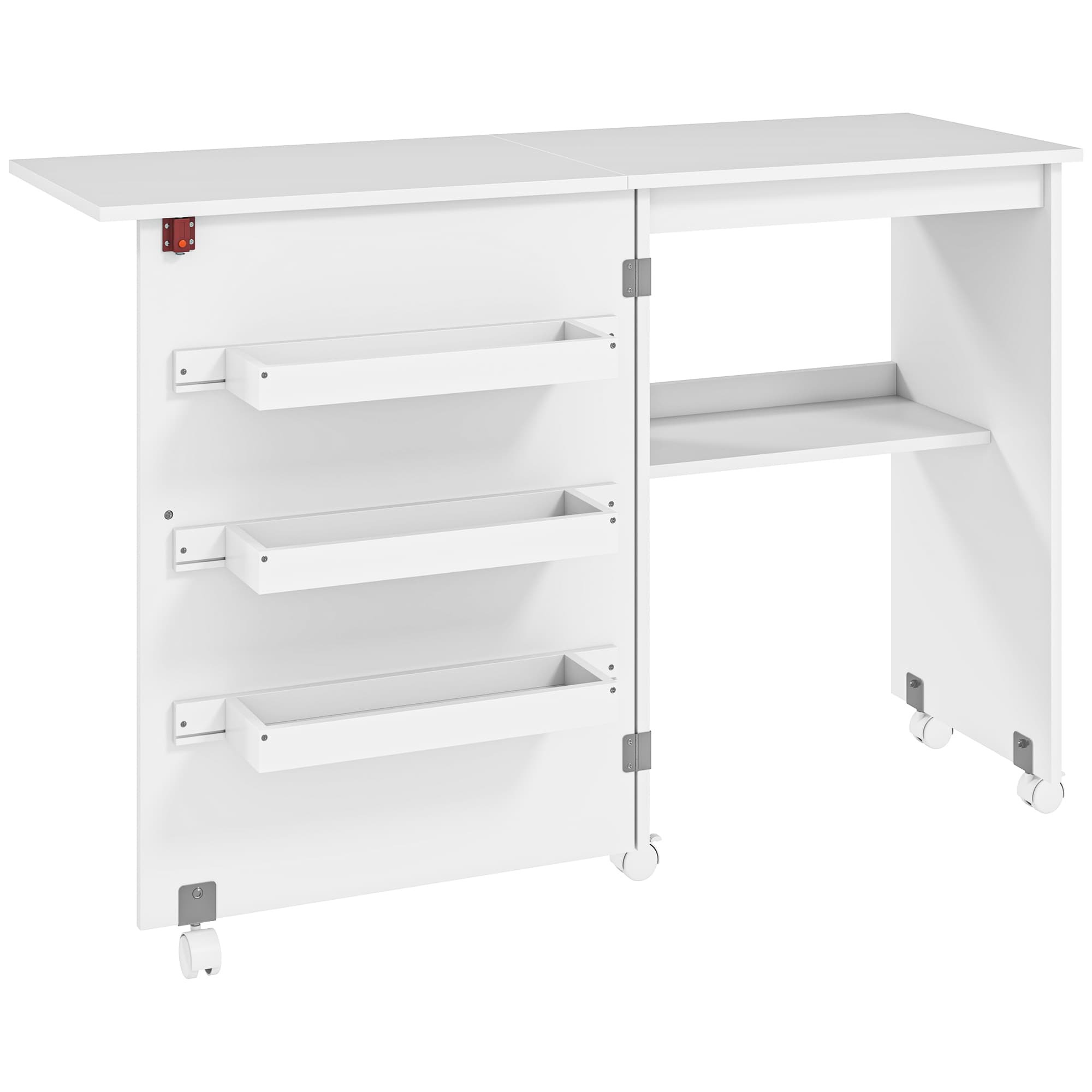 HOMCOM Folding Sewing Table, Drop Leaf Craft Table with Storage Bins, Open Shelf and Wheels for Small Space, White | Aosom UK