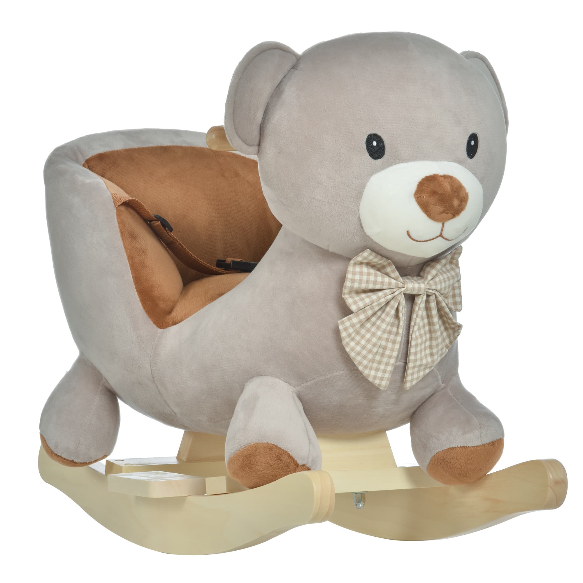 HOMCOM Kids Children Rocking Horse Plush Ride On Bear Seat w/ Sound Wood Base Seat Safety Belt Toddler Baby Toy Grey