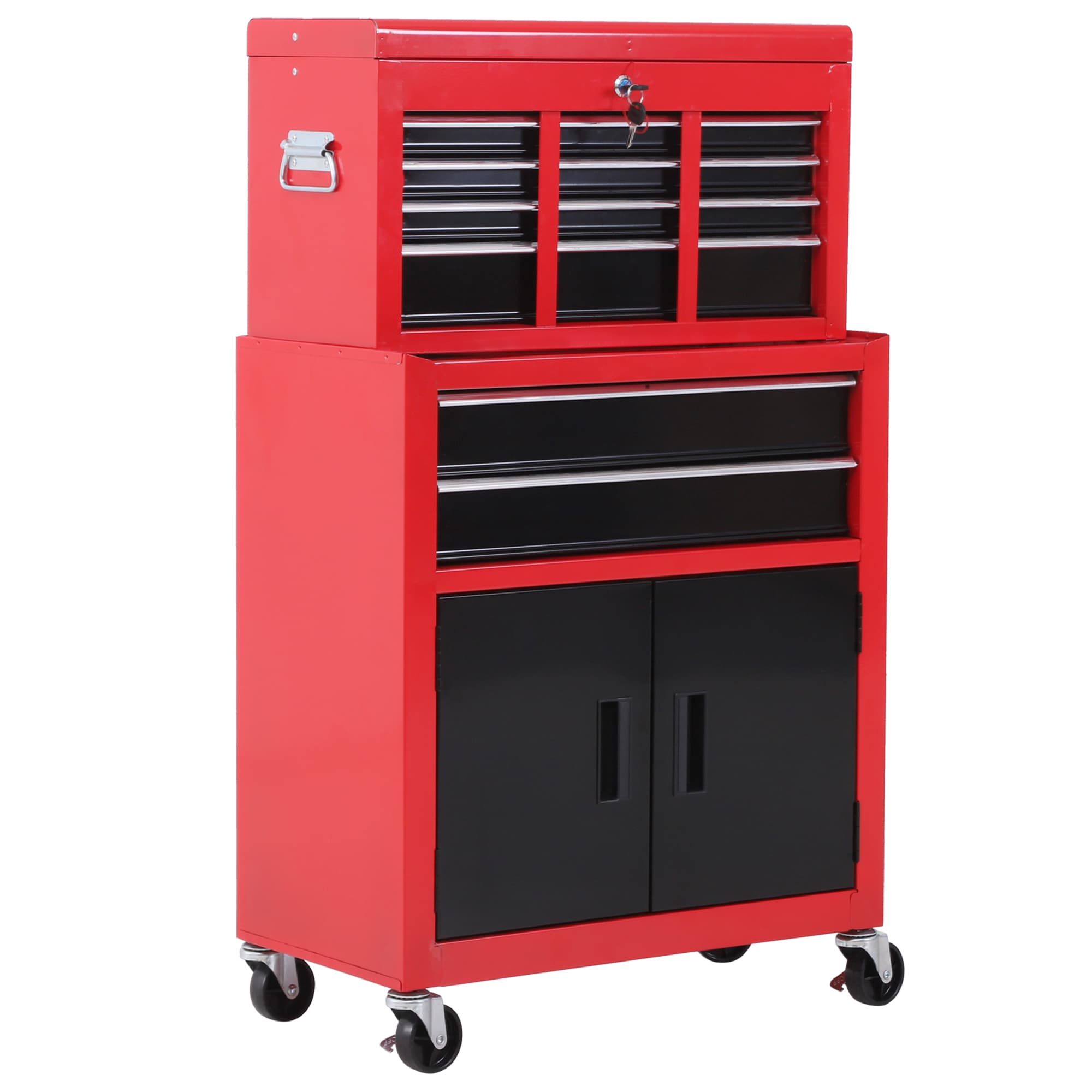 HOMCOM Tool Chest, Metal Tool Cabinet on Wheels with 6 Drawers, Pegboard, Top Chest and Roller Cabinet Combo, 61.6 x 33 x 108cm, Red