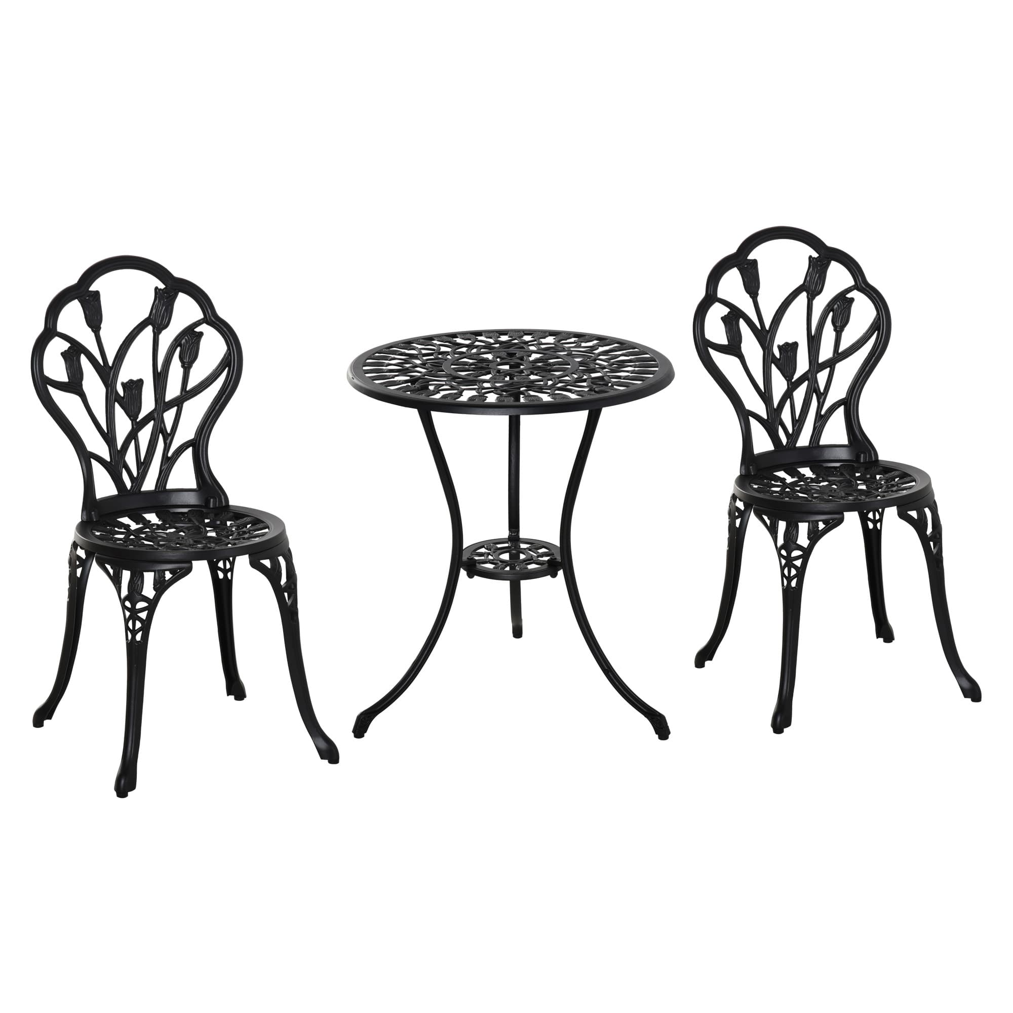 Outsunny 3 Piece Patio Bistro Set, Outdoor Aluminium Garden Table and Chairs with Umbrella Hole for Balcony, Black