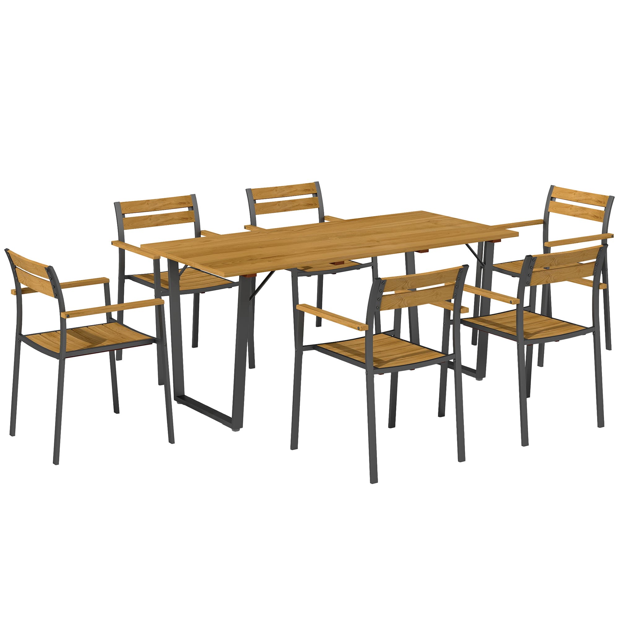Outsunny 7 Piece Garden Dining Set, Fir Wood Garden Furniture Set with Rectangle Table and 6 Stackable Chairs, Umbrella Hole, Slatted Top and Steel Frame, for Patio Balcony Porch, Brown