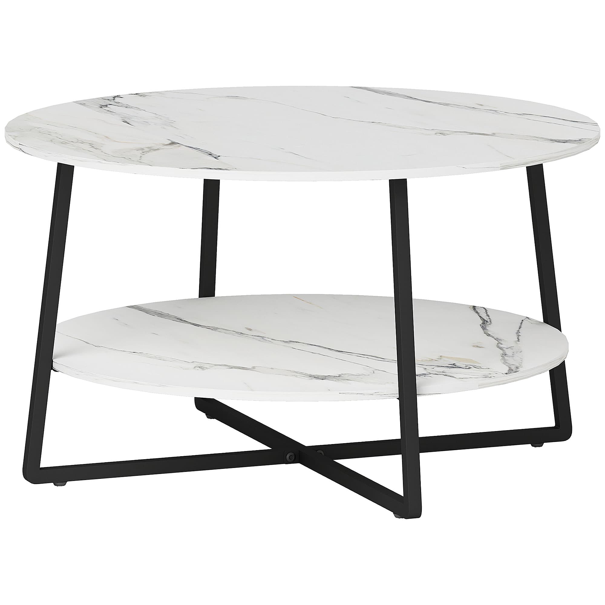 HOMCOM 2-Tier Round Coffee Table with Storage Shelf, Living Room Table with Marble Effect Top and Steel Frame, White | Aosom UK