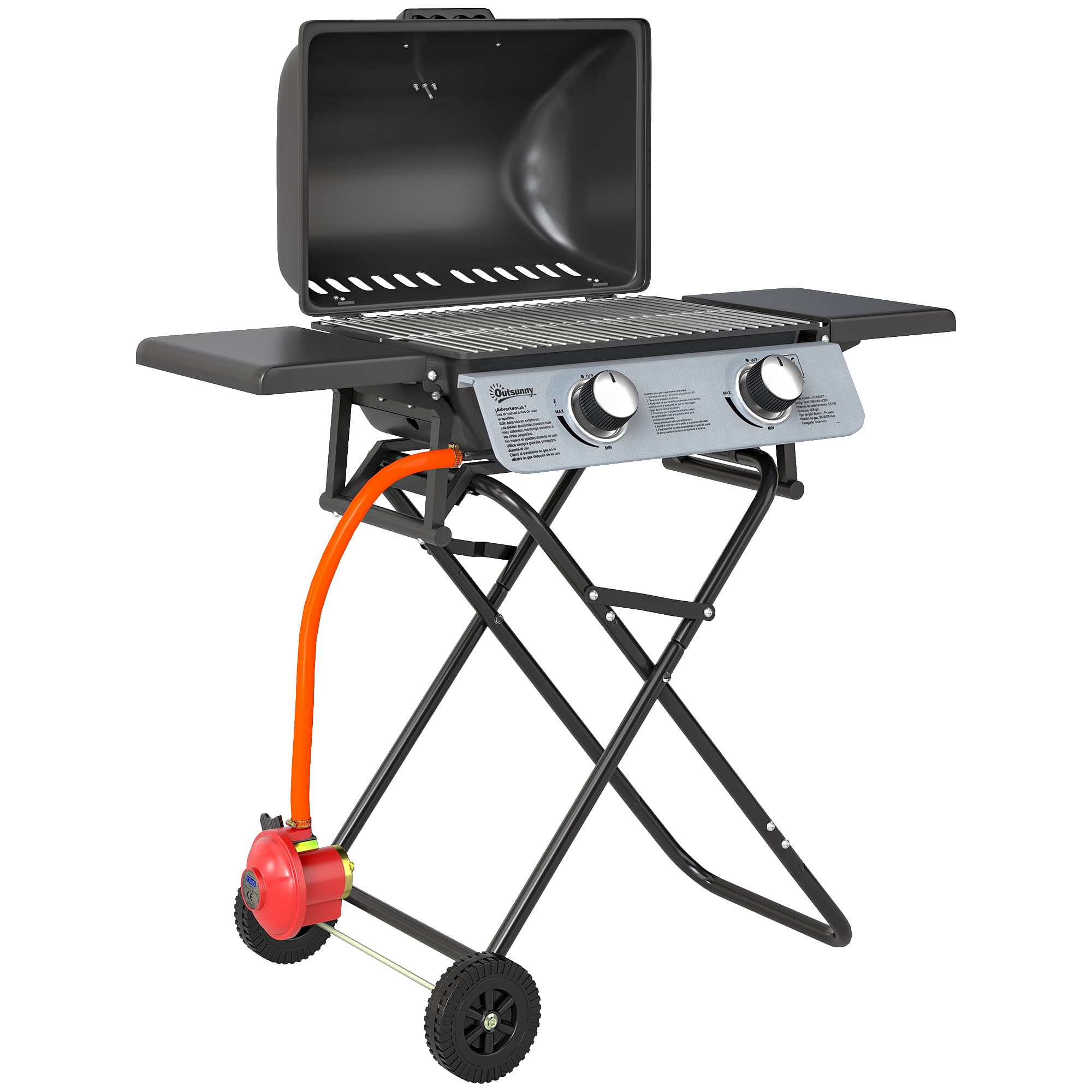 Outsunny 2 Burner Portable Gas BBQ with Trolley, Small Gas BBQ with Stainless Steel Frame, Thermometer, Lid, Black | Aosom UK