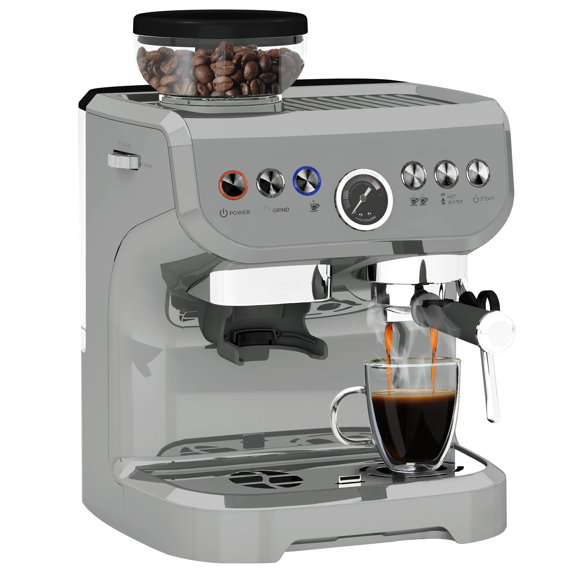 HOMCOM 15 Bar Coffee Machine, with Adjustable Grind, Steamer and Accessories - Silver Colour | Aosom UK