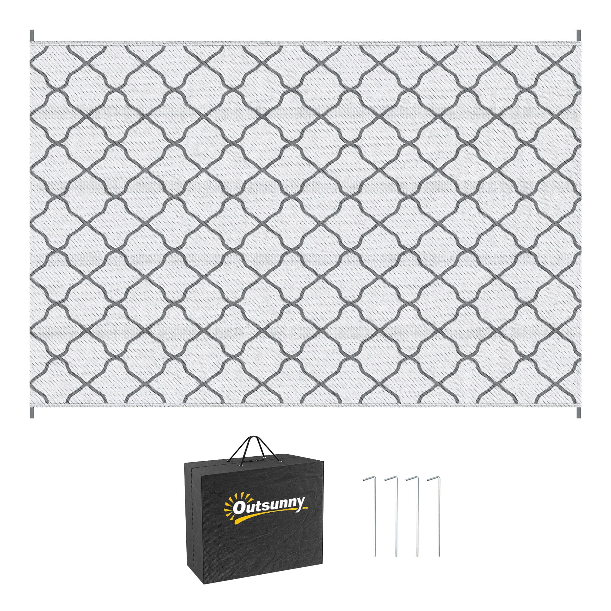 Outsunny Reversible Outdoor Rug w/ Carry Bag & Ground Stakes, Waterproof Plastic Straw Mat for Backyard, RV, Picnic, Camping, Grey & White | Aosom UK