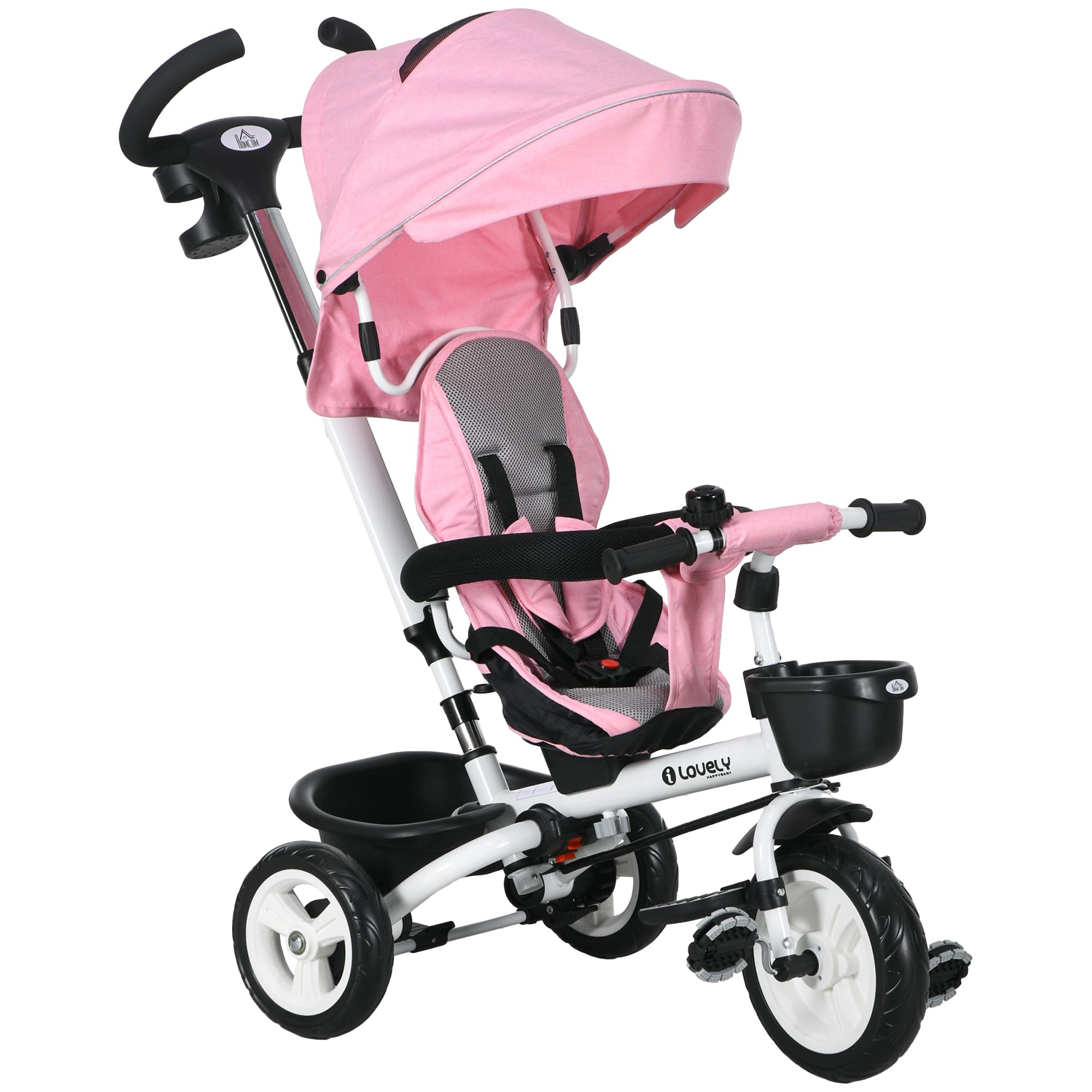HOMCOM Metal Frame 4 in 1 Baby Push Tricycle with Parent Handle for 1-5 Years Old, Pink | Aosom UK