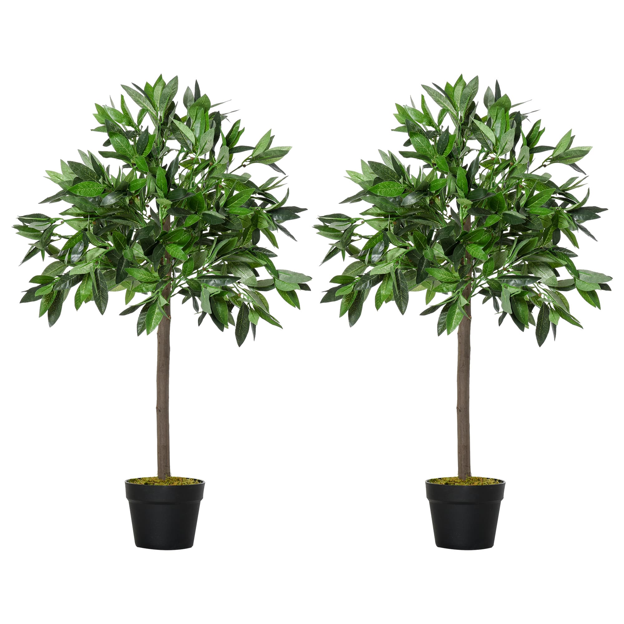 Outsunny Set of 2 Artificial Topiary Bay Laurel Ball Trees Decorative Plant with Nursery Pot for Indoor Outdoor Décor, 90cm | Aosom UK