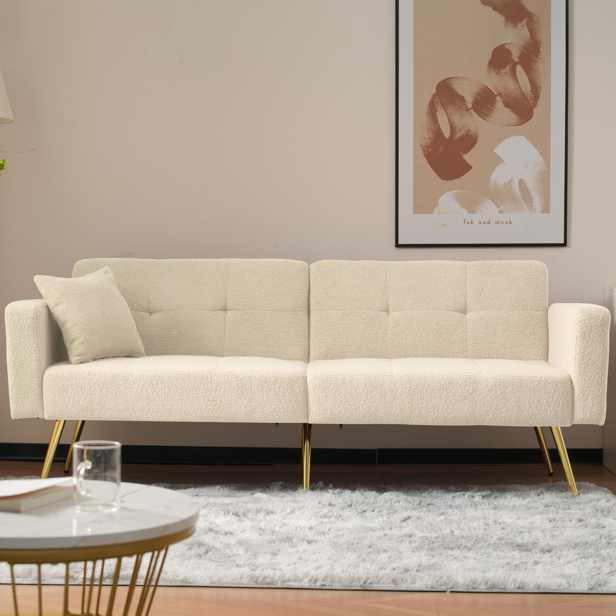 Sherpa Convertible Sofa Bed with 2 Side Pockets, Adjustable Backrest, Golden Legs, Elegant Loveseat for Bedroom, 176L x 64W x 75H cm, Beige | Aosom.UK