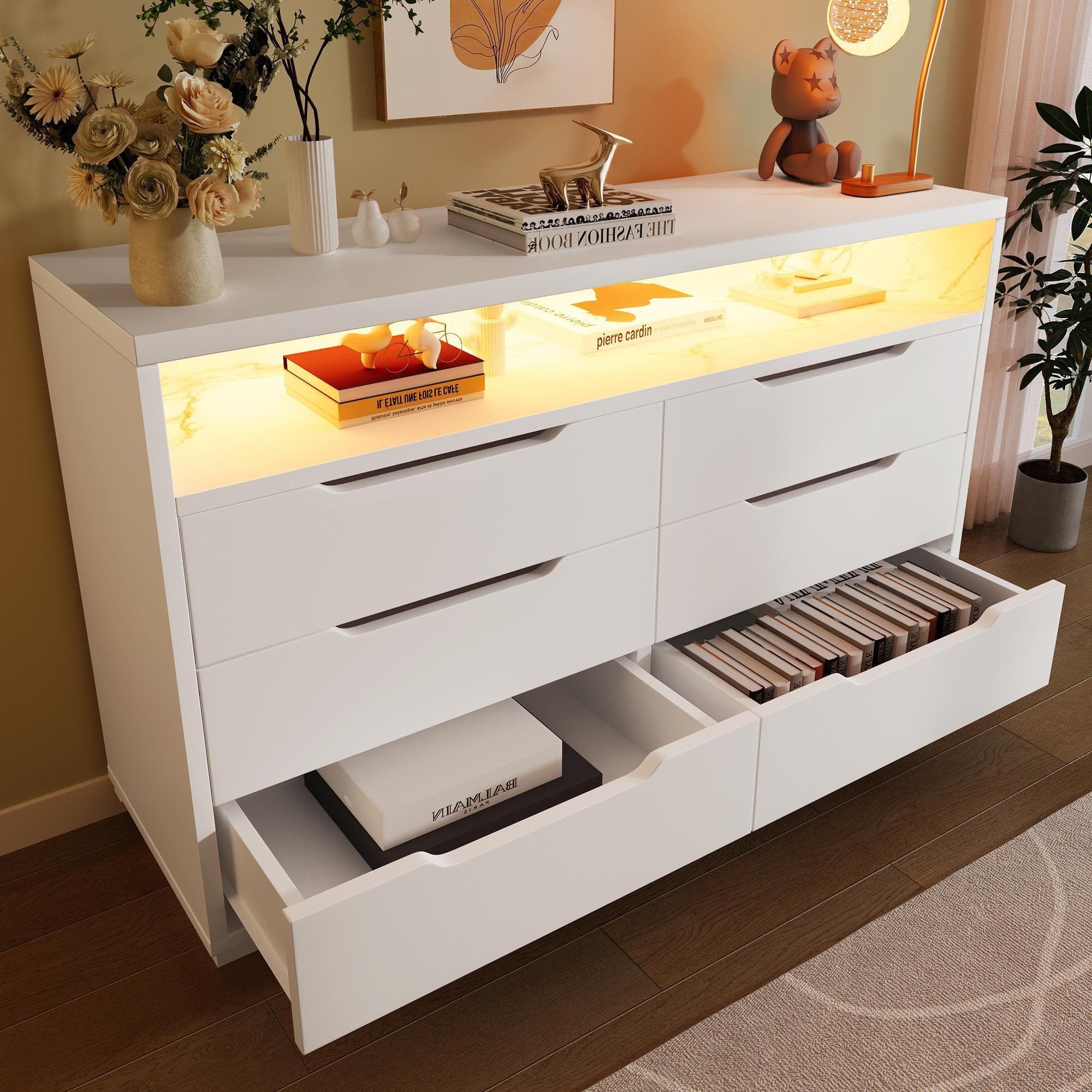 Marbled Sideboard with 6 Storage Drawers, RGB LED Lighting, Modern Storage Cabinet for Bedroom, Living Room, 120L x 40W x 85H cm, White | Aosom.UK