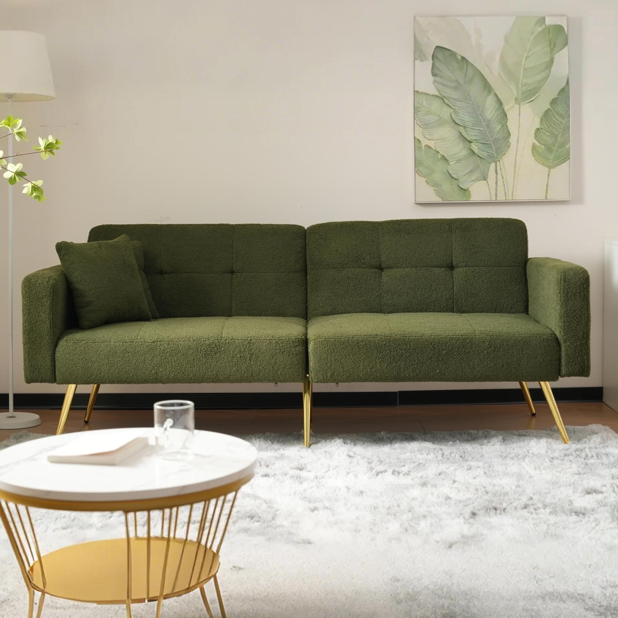 Convertible Sofa Bed with Adjustable Backrest, Gold Legs, Side Pockets, Sherpa Fabric Loveseat for Living Room, 176L x 64W x 75H cm, Green | Aosom.UK