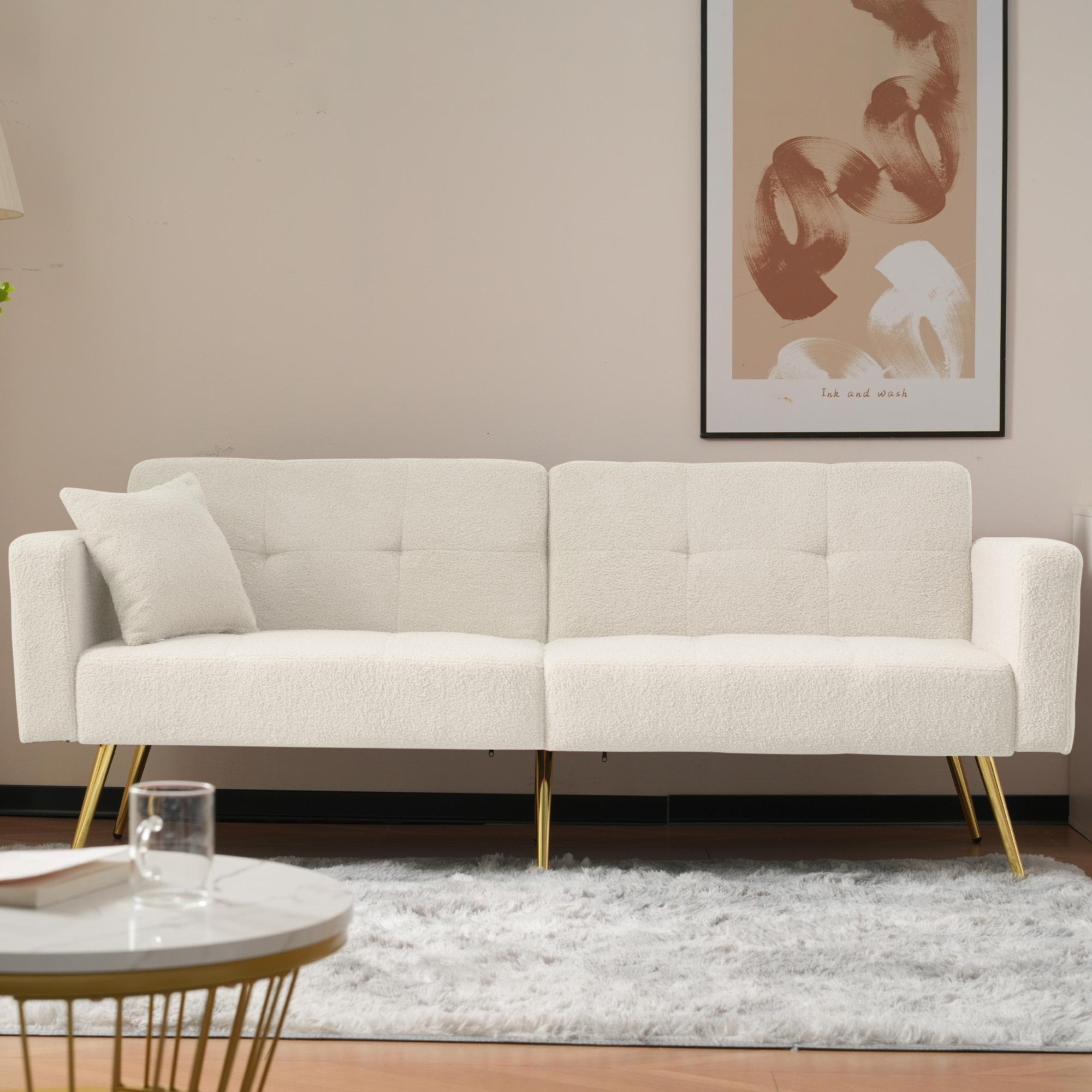 Convertible Sofa Bed with Adjustable Backrest, Sherpa Fabric, Gold Legs, Loveseat with Side Storage Pockets, 176L x 64W x 75H cm, White | Aosom.UK