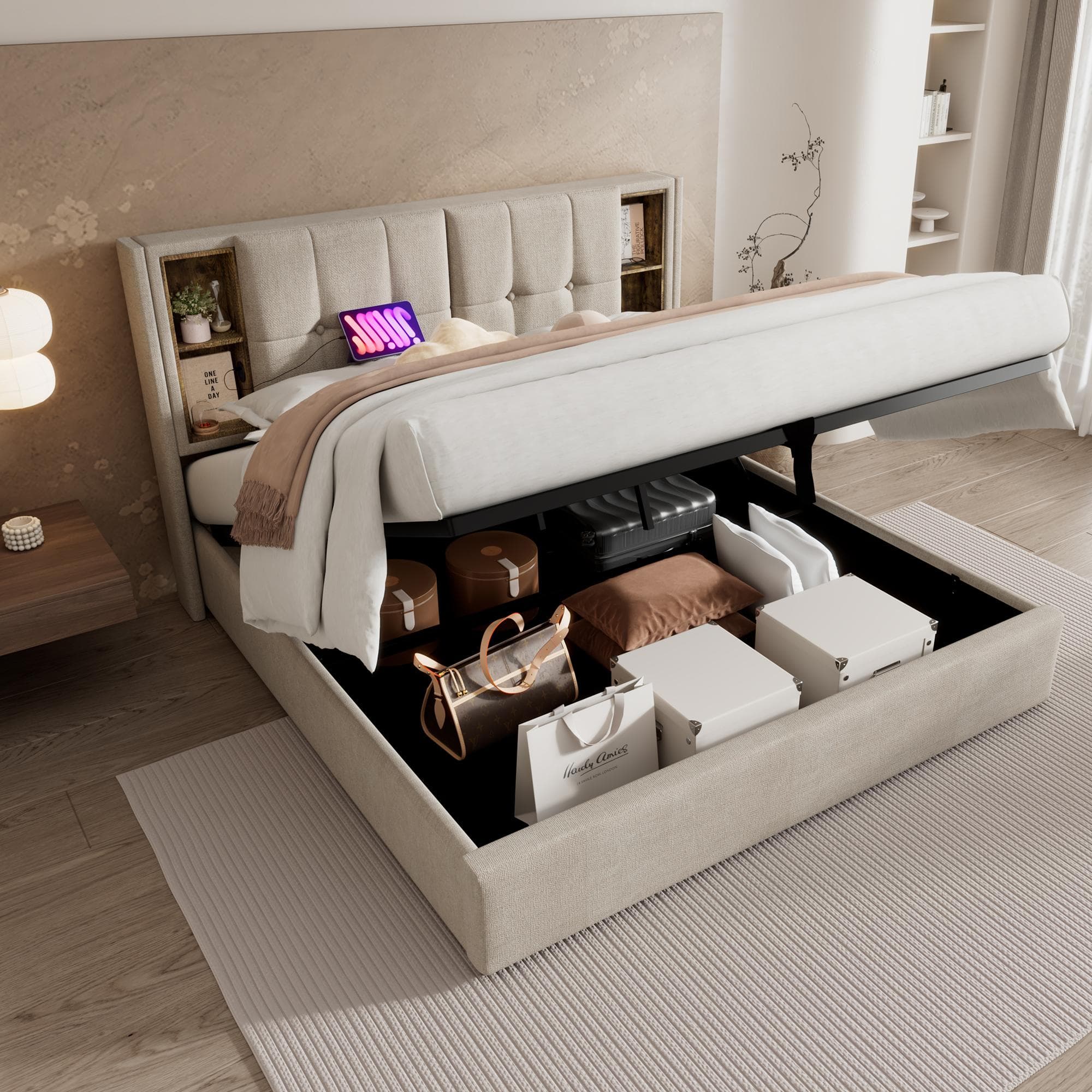 Double Bed Frame with Storage, Wireless Charging, Linen Fabric, Hydraulic Storage Bed Frame, 196L x 141W x 100.5H cm, Natural | Aosom UK