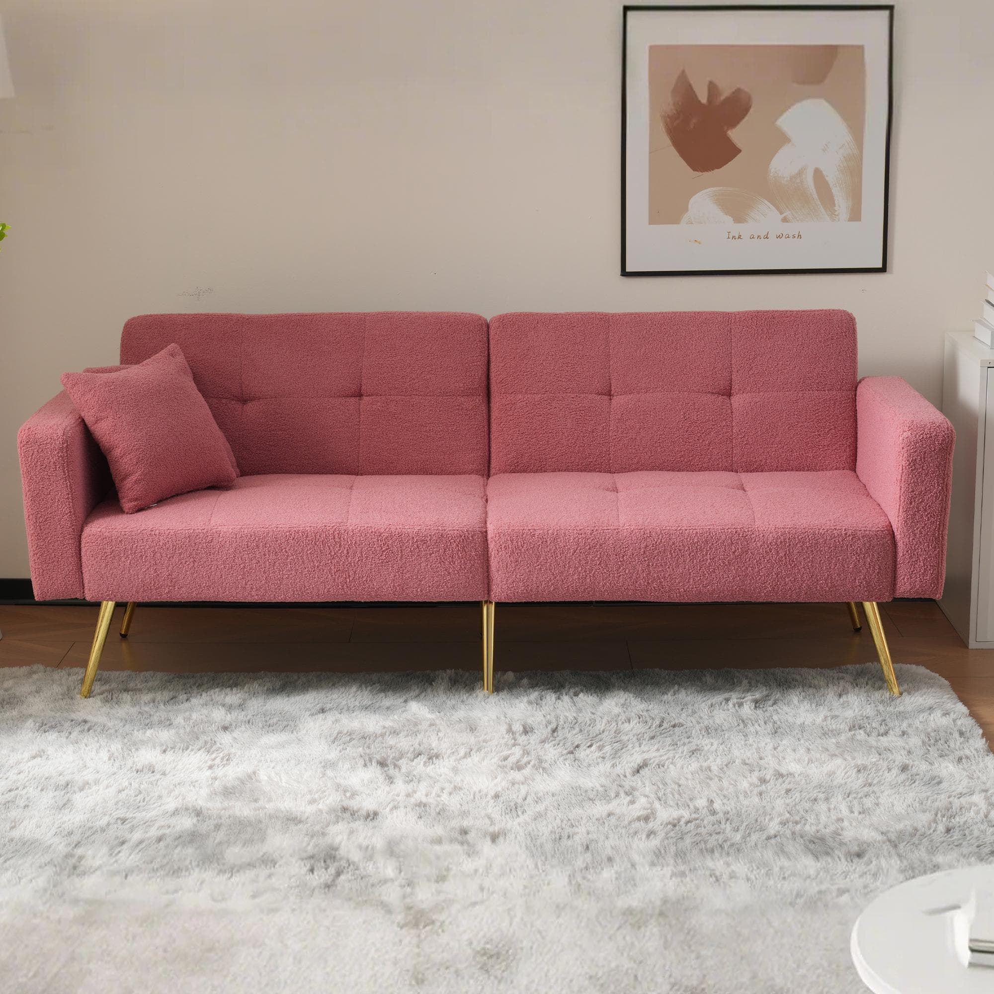 Convertible Sofa Bed with Adjustable Backrest, Golden Legs, Side Pockets, Sherpa Fabric Sleeper Sofa for Bedroom, 176L x 64W x 75H cm, Pink | Aosom.UK